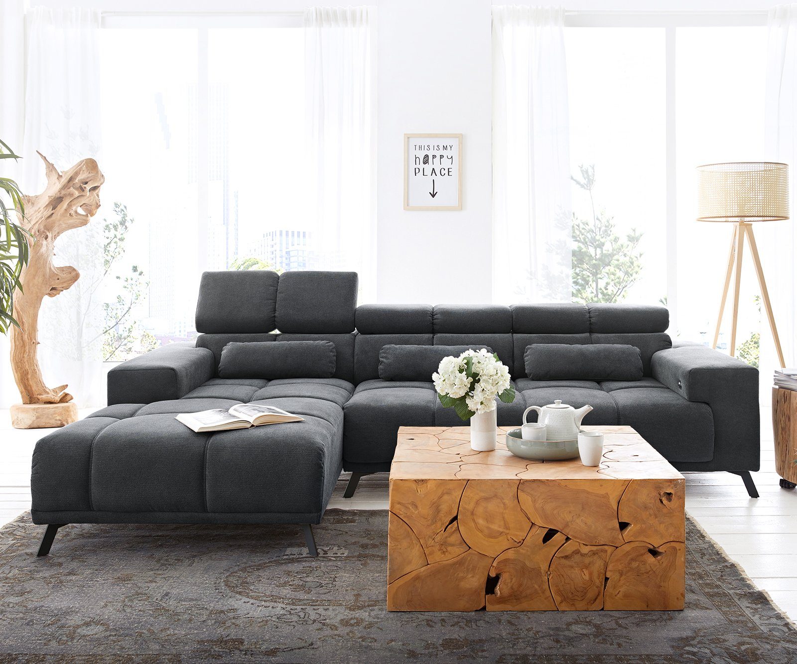 DELIFE Ecksofa Ordino, Mikrofaser Schwarz 285x200 günstig online kaufen