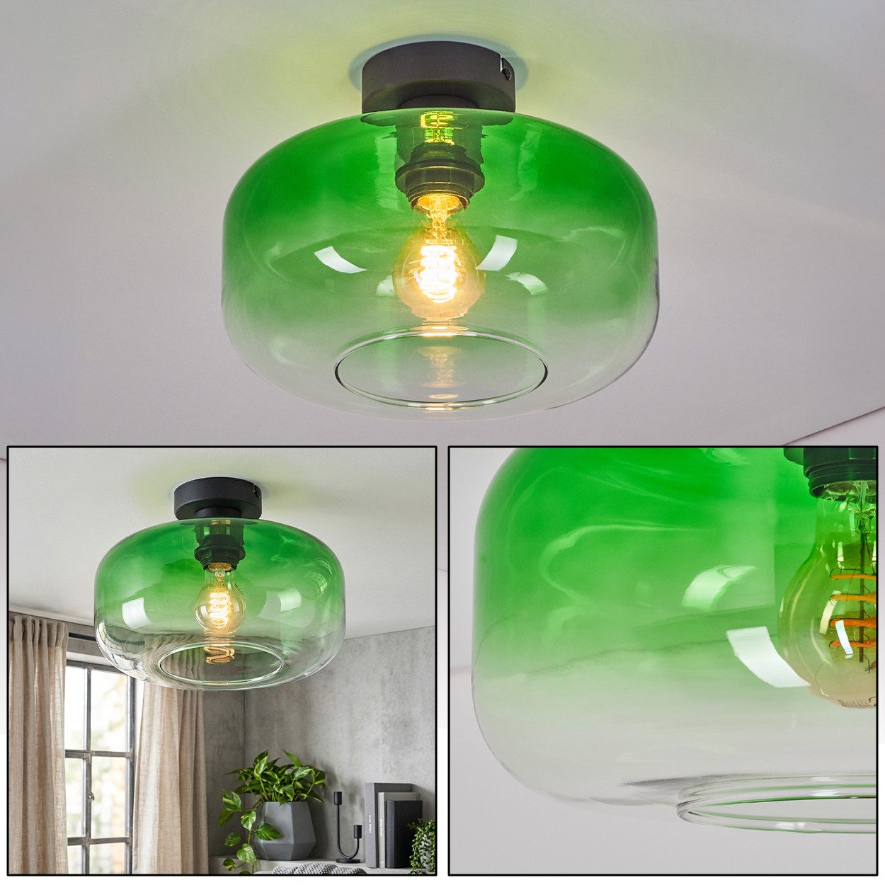hofstein Deckenleuchte Deckenlampe aus Metall/Glas in Schwarz/Grün/Klar, Deckenleuchte im Retro/Vintage-Design, Ø 28 cm, Höhe 21 cm, E27