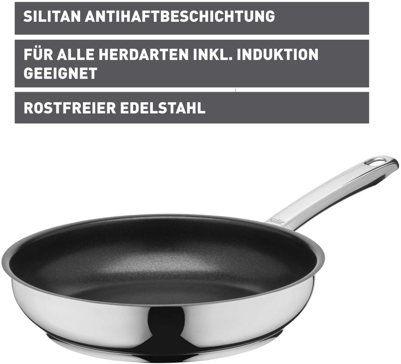 Silit Bratpfanne Calabria Induktion, Cromargan® Edelstahl Rostfrei 18/10 (1-tlg), Silitan Antihaftversiegelung, polierter Edelstahl, induktionsgeeignet