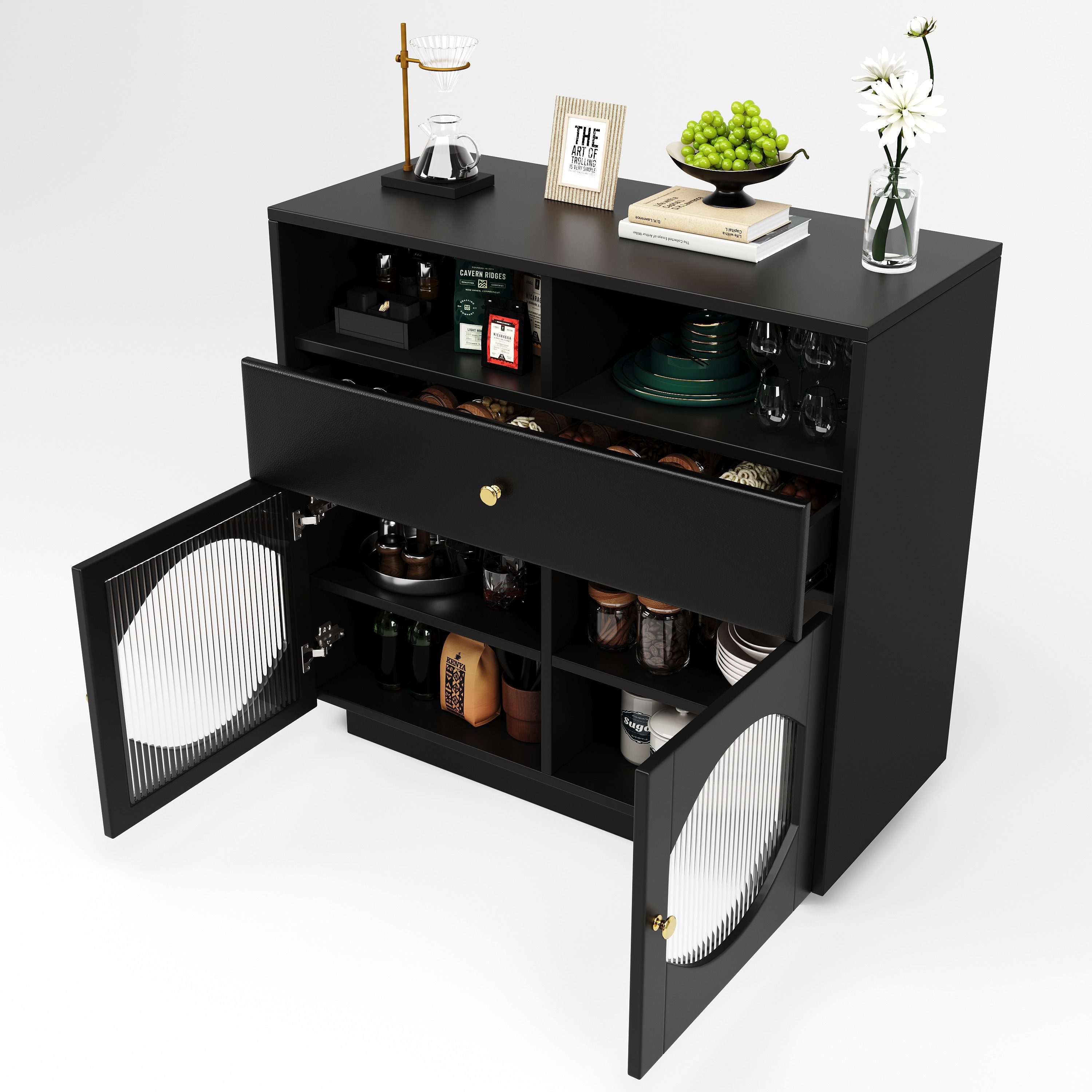 Buffet Küchenschrank, Weinschrank mit Glastüren, 100×40×90.5cm