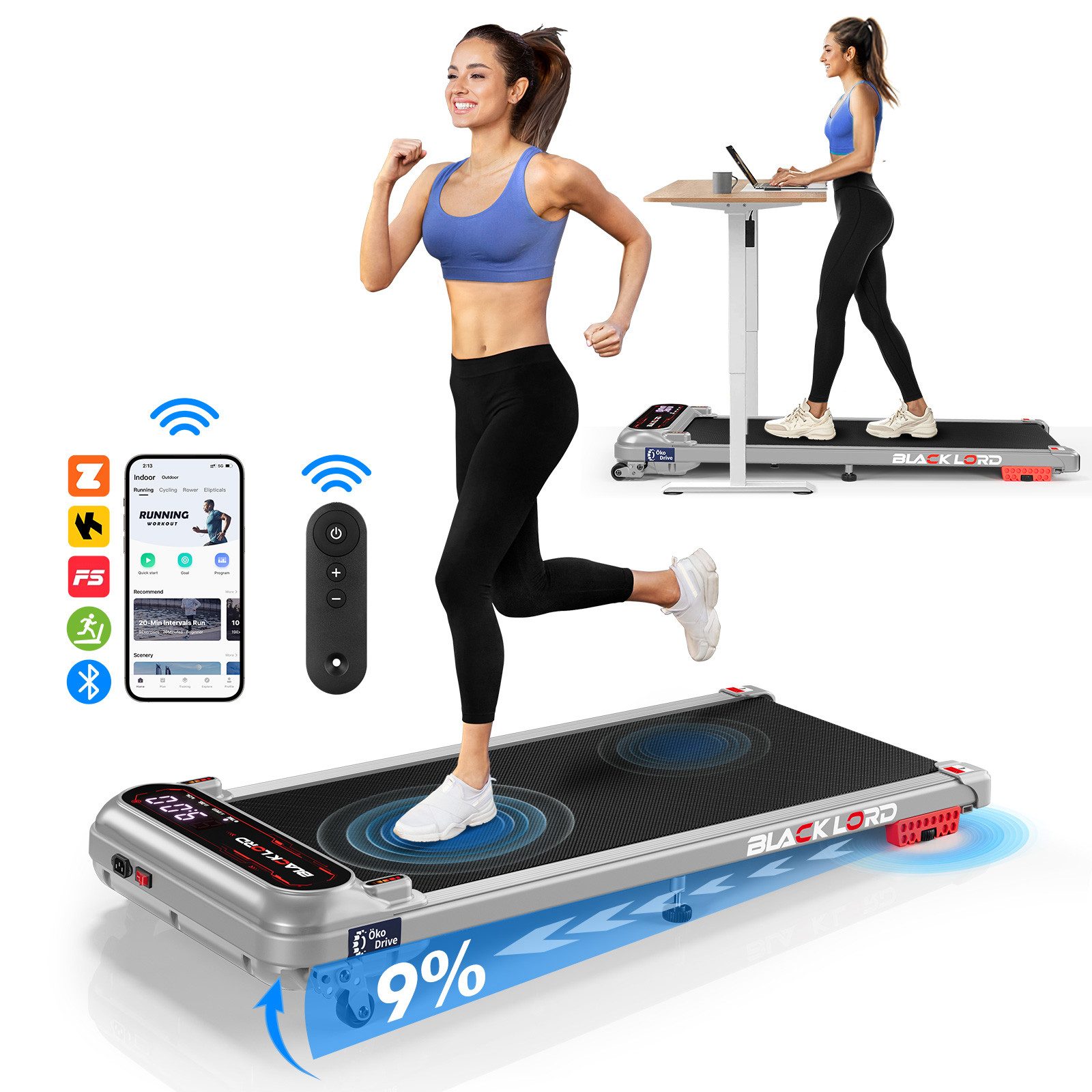BLACK LORD Laufband 3,0PS Motor, 12 km/h, mit Steigung, Bluetooth App Steuerung, 390mm, 3 Stufen Neigung, LED Display, Fernbedienung, Untertisch