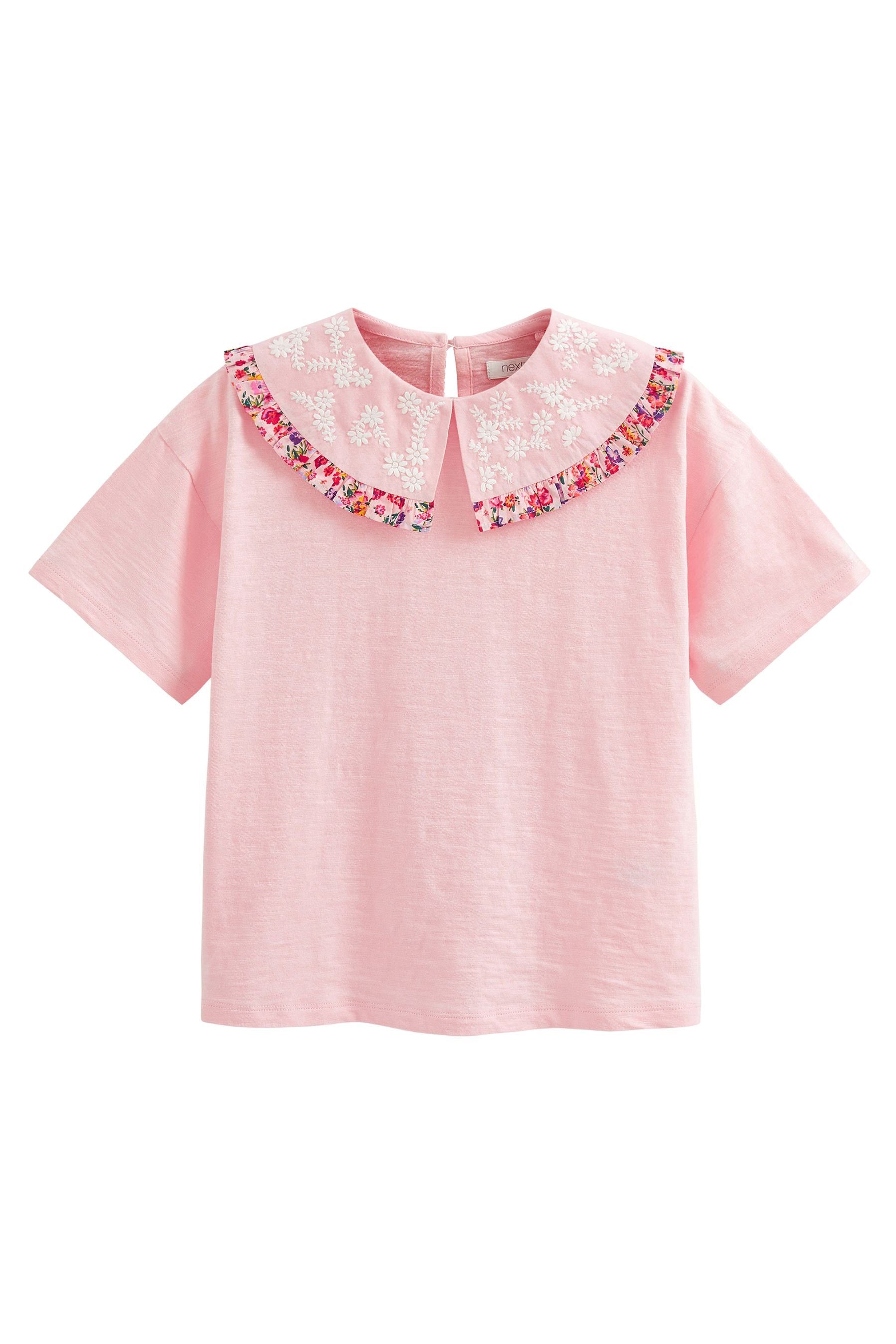 Next T-Shirt T-Shirt mit Blumenstickerei am Kragen (1-tlg) Pink