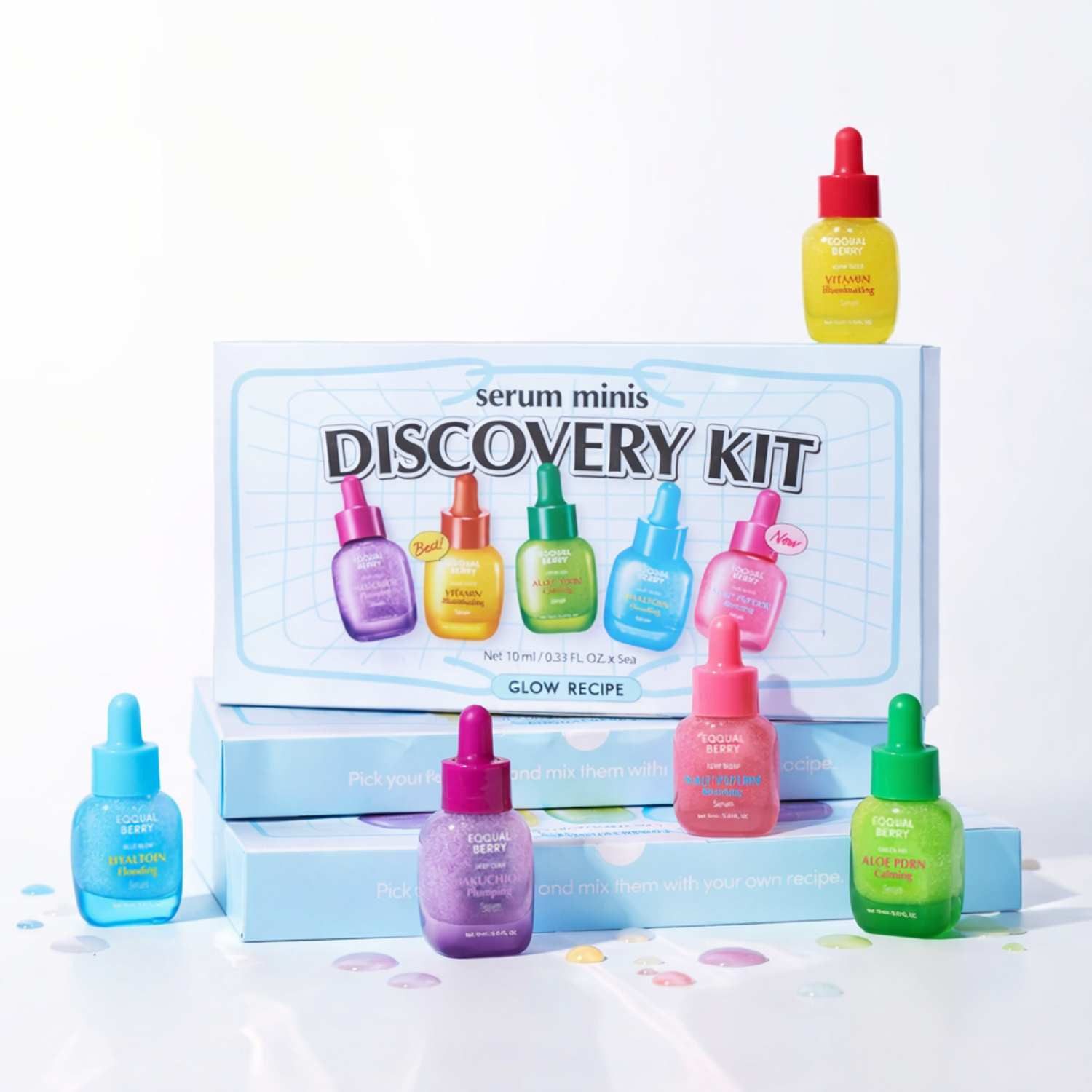 Eqqualberry Gesichtsserum Serum Minis Discovery Kit 5x10ml – Set mit 5 Mini-Seren für Hydration Glow, Festigkeit & Beruhigung – Korean Skincare Discovery, Set zum Testen & Reisen – für alle Hauttypen