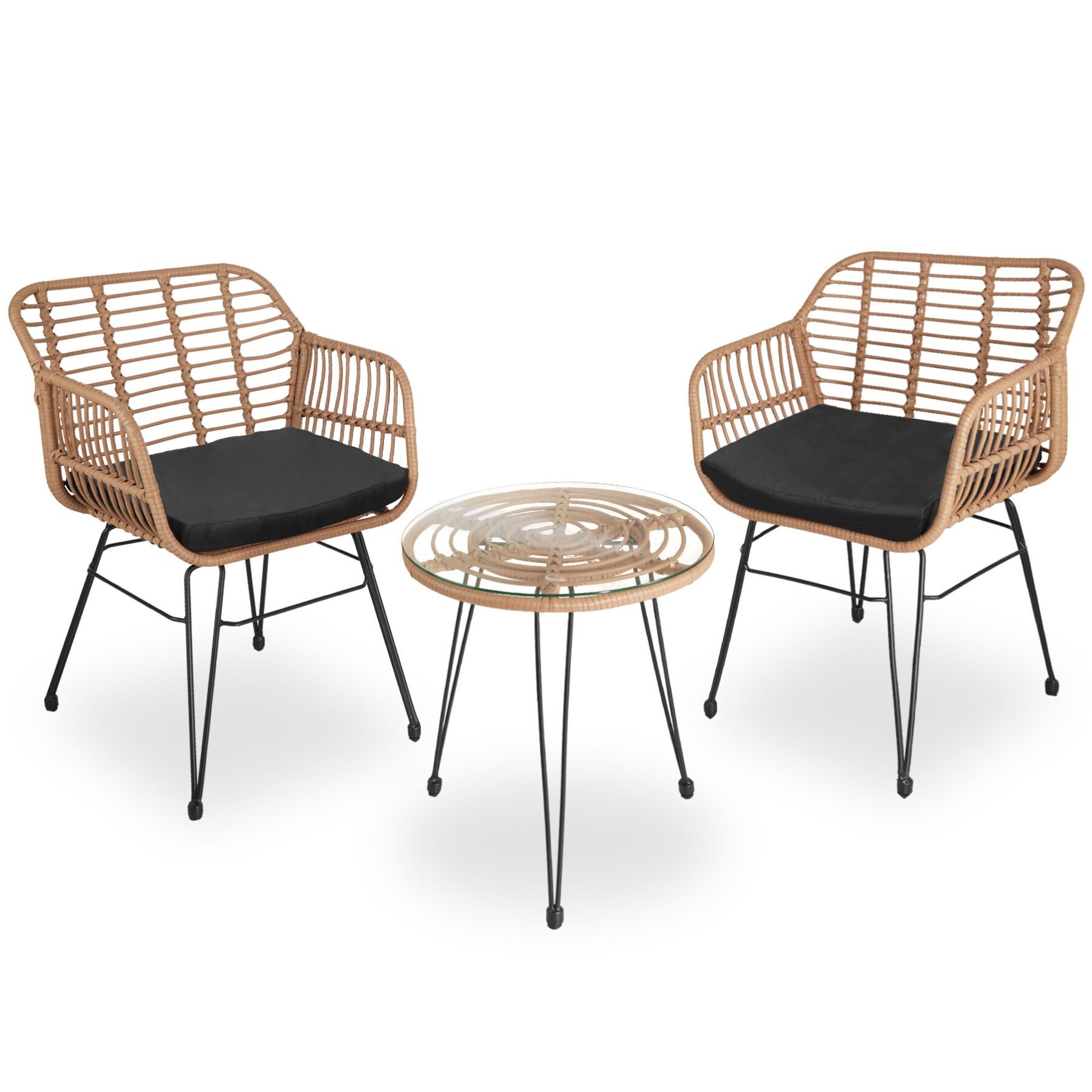 tectake Sitzgruppe Rattan-Gartenlounge für 2 Personen, filigranes Design, (Loungeset Molfetta, 3-tlg., für Außen in Naturfarben), widerstandsfähig, UV-beständig, mit Sicherheitsglasplatte