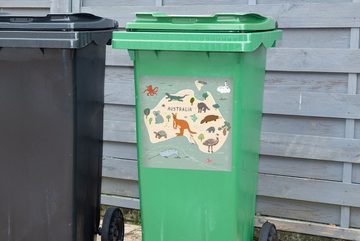 MuchoWow Wandsticker Weltkarte Kinder - Tiere - Australien - Jungen - Blau - Kinder (1 St), Mülleimer-aufkleber, Mülltonne, Sticker, Container, Abfalbehälter
