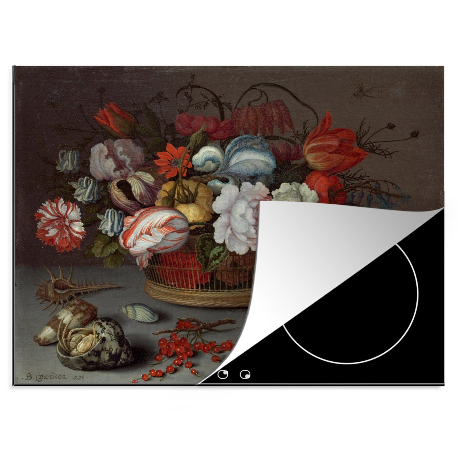 MuchoWow Herdblende-/Abdeckplatte Korb mit Blumen - Gemälde von Balthasar van der Ast, Vinyl, (1 tlg), 70x52 cm, Mobile Arbeitsfläche nutzbar, Ceranfeldabdeckung