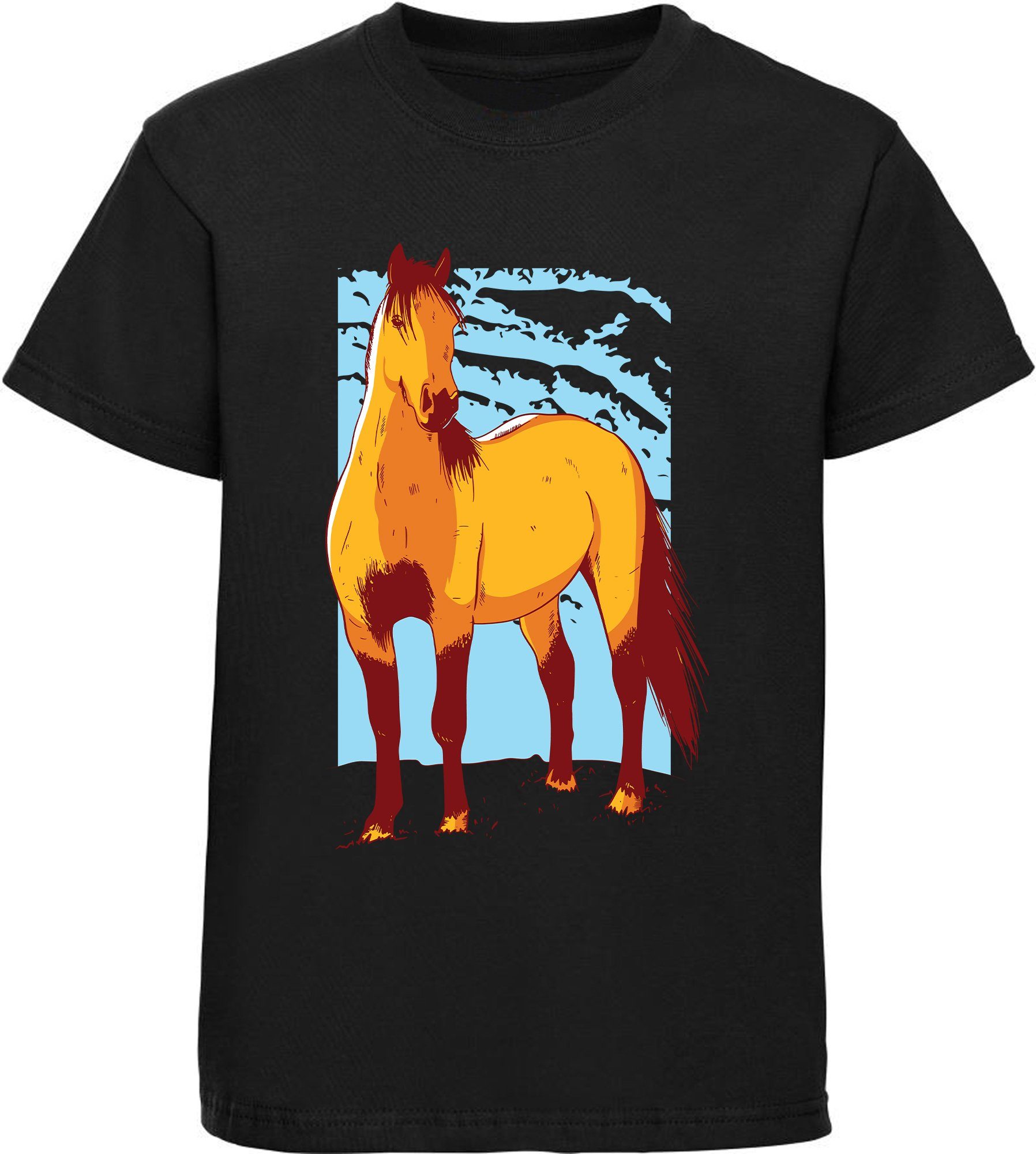MyDesign24 Print-Shirt bedrucktes Mädchen T-Shirt elegantes Pferd Baumwollshirt mit Aufdruck, i155 schwarz
