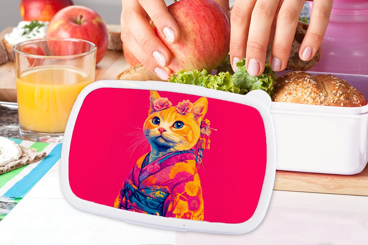 MuchoWow Lunchbox Katze - Kimono - Blumen - Rosa, Kunststoff, (2-tlg), Brotdose Schule oder Arbeit, Brotbox für Kinder und Erwachsene