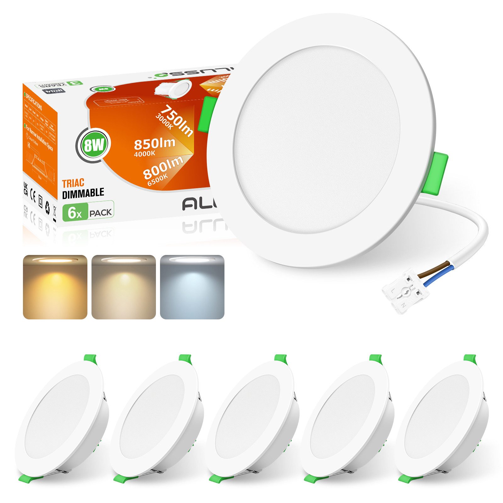 ALUSSO LED Einbauleuchte 6er-Set, Einbau-Spots, 3CCT, IP44, E-Klasse, dimmbar, 8W, 850lm, Weiß
