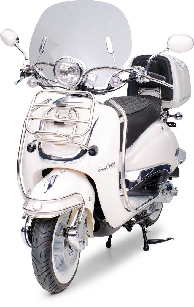 Burnout Motorroller Roller Weiß Chrom 45 ccm, (Chrom EasyCruiser, 50 Paket Edition, Euro Retro 5, km/h, Vollaustattung)