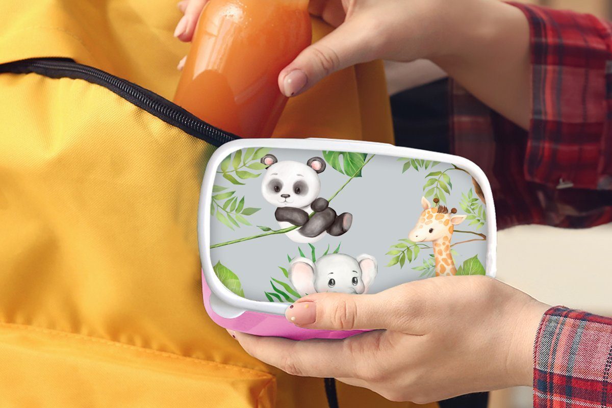 MuchoWow Lunchbox Dschungel - Mädchen, Blätter Kinder, - rosa für Brotdose Brotbox Snackbox, Kunststoff Tiere, Kunststoff, (2-tlg), Erwachsene