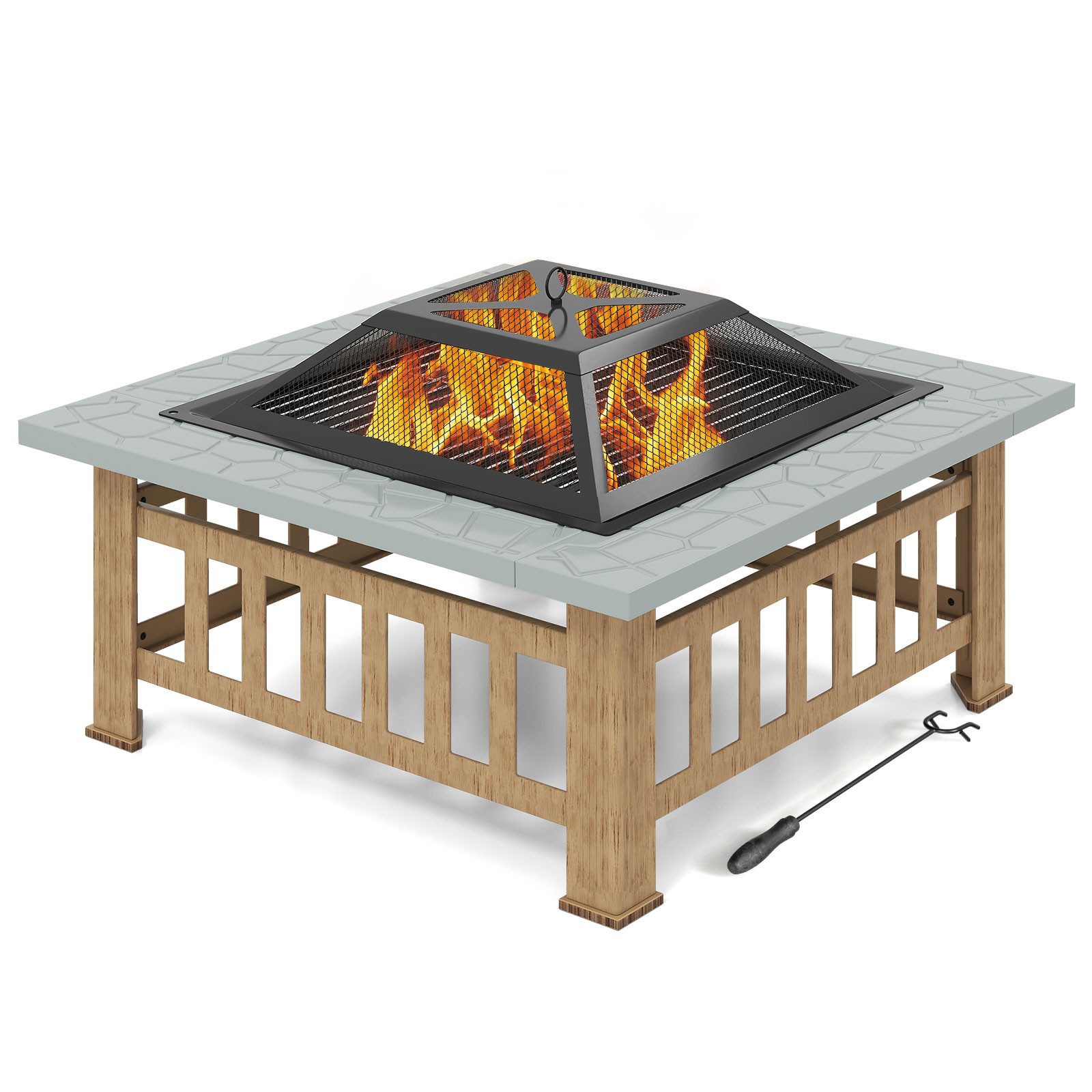 COSTWAY Feuerschale, 81x81cm, mit Grill, Deckel, Gitter,Rost, Schürhaken