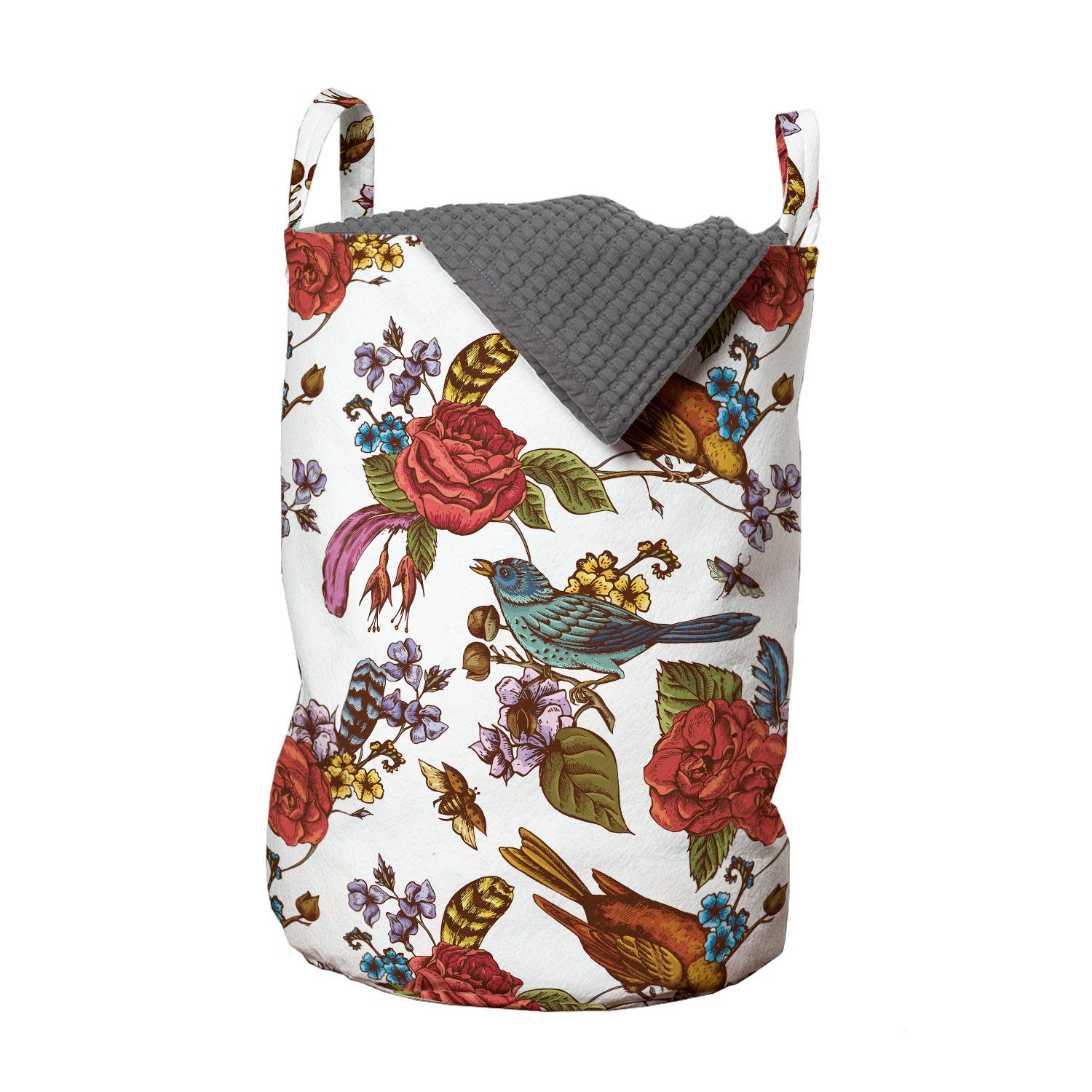 Abakuhaus Wäschesäckchen Wäschekorb mit Griffen Kordelzugverschluss für Waschsalons, Botanisch Blühende Bouquets Vögel