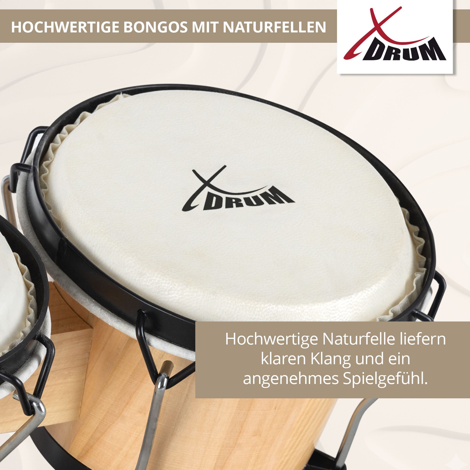 XDrum Bongo Bongos Club - 6" Macho und 7" Hembra, inkl. Stimmschlüssel, mit Naturfellen und professionellem Stimmsystem – Bild 2 von 5