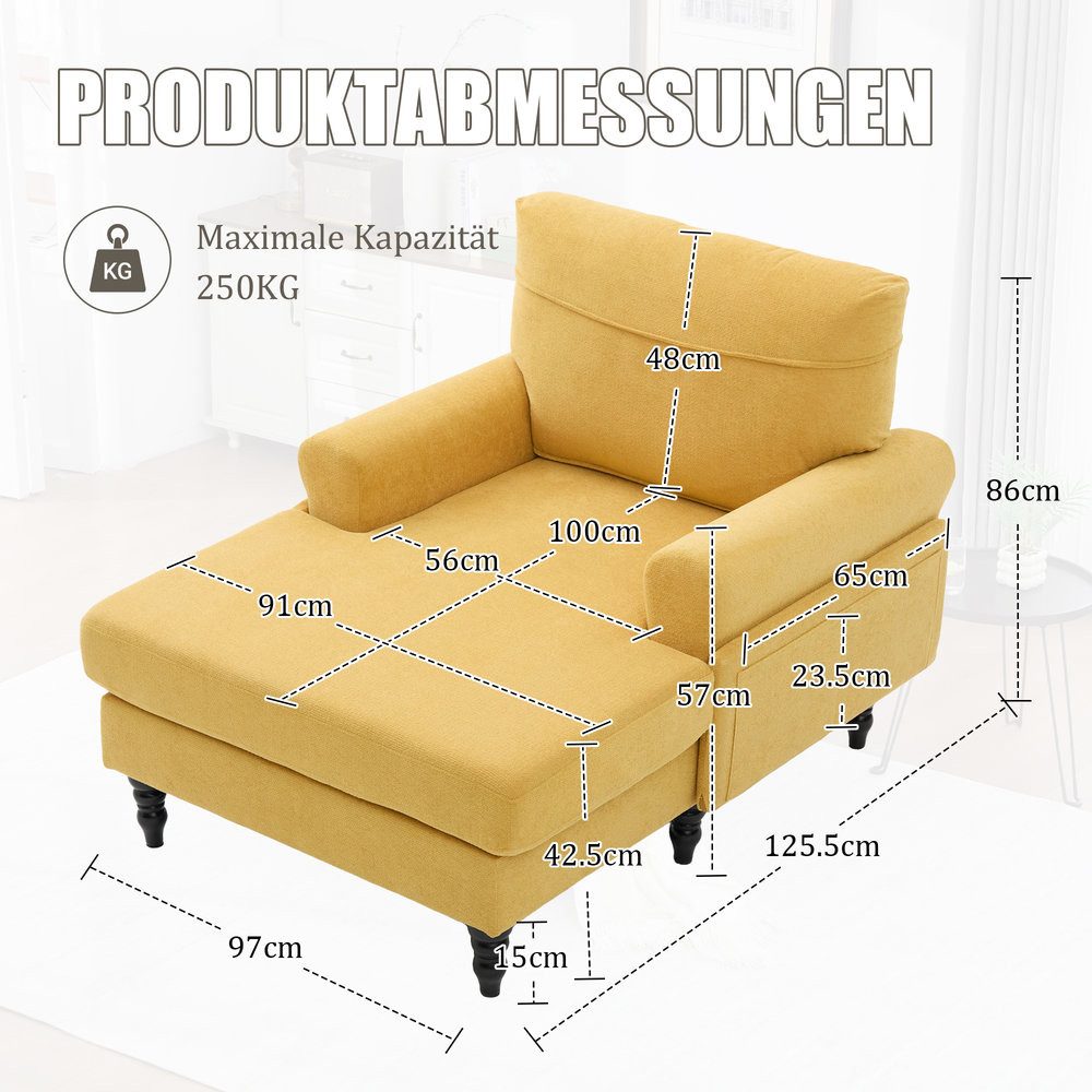 Odikalo Chaiselongue Loungesessel Relaxsessel Chenille-Stoff-Liegestuhl mit Holzsofa-Beine, Einzelsofa mit bequemer Rückenlehne und Armlehnen Seitentaschen zur Aufbewahrung,für Wohnzimmer und Schlafzimmer