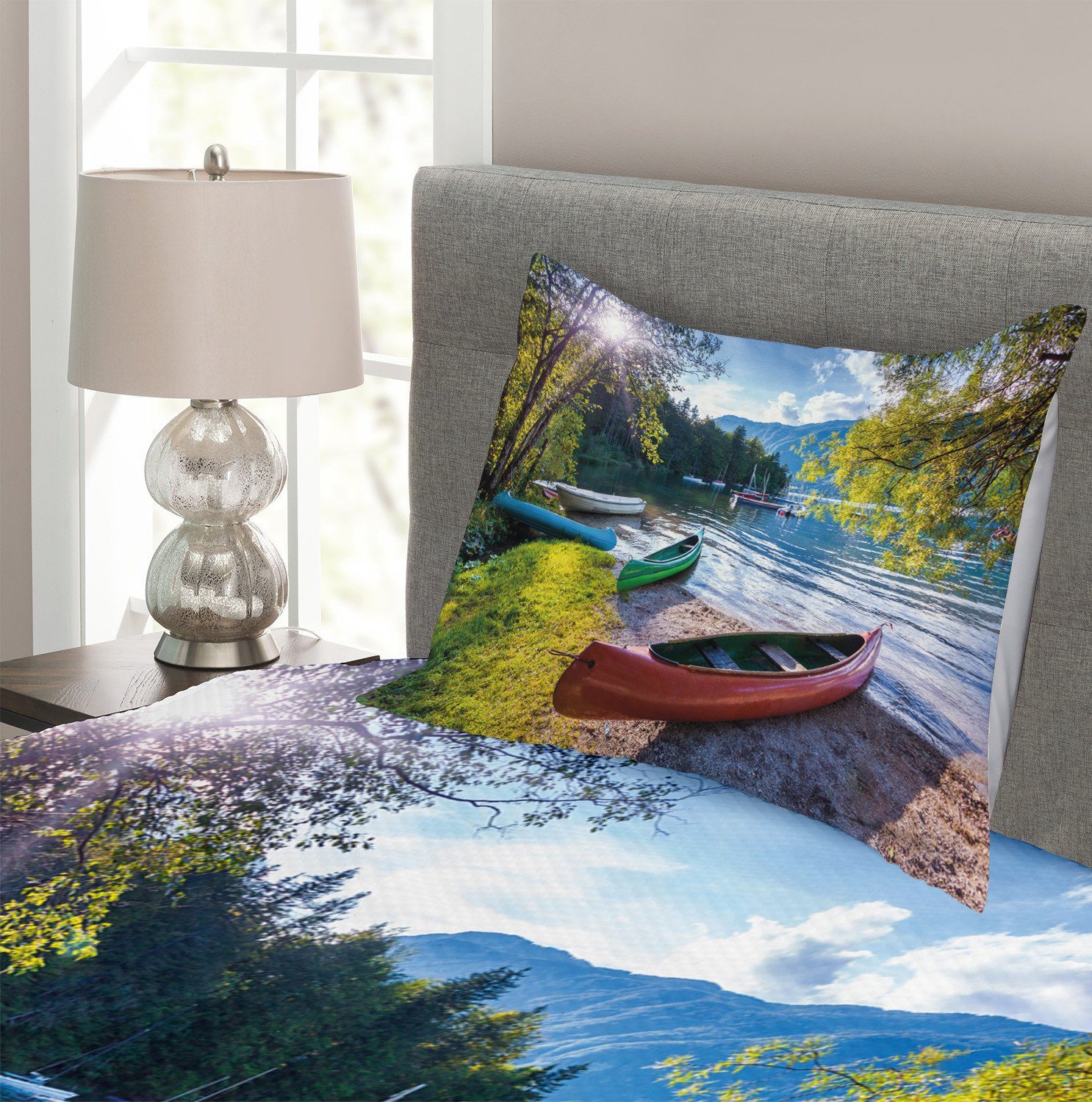 Bohinjsee Set Kissenbezügen Abakuhaus, Tagesdecke Booten Landschaft mit Waschbar, mit