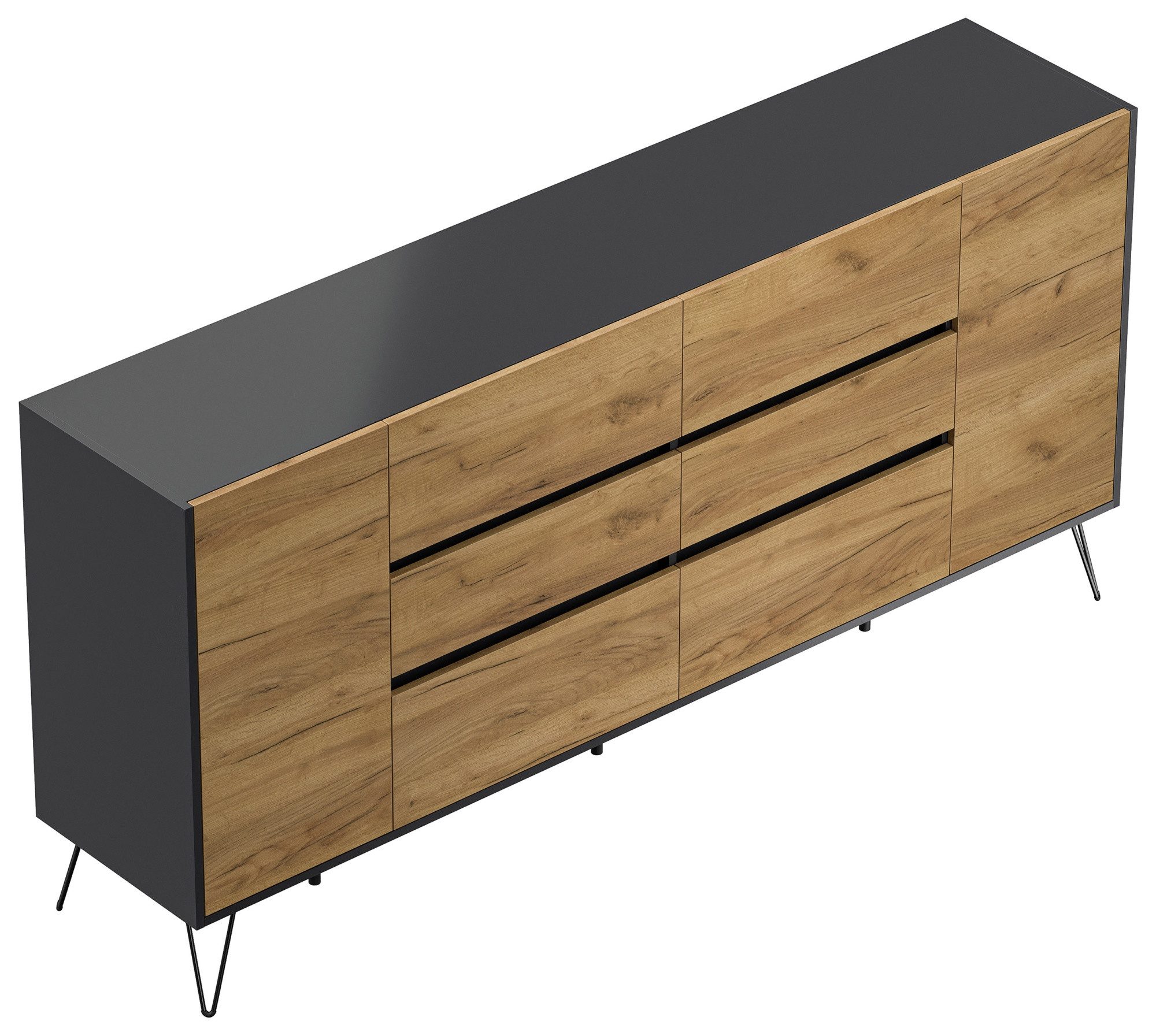 Magnolia Home Kommode Sideboard Yako XL 200cm 6 SoftClose 2 Türen Grafit/Eiche Front – Bild 5 von 5