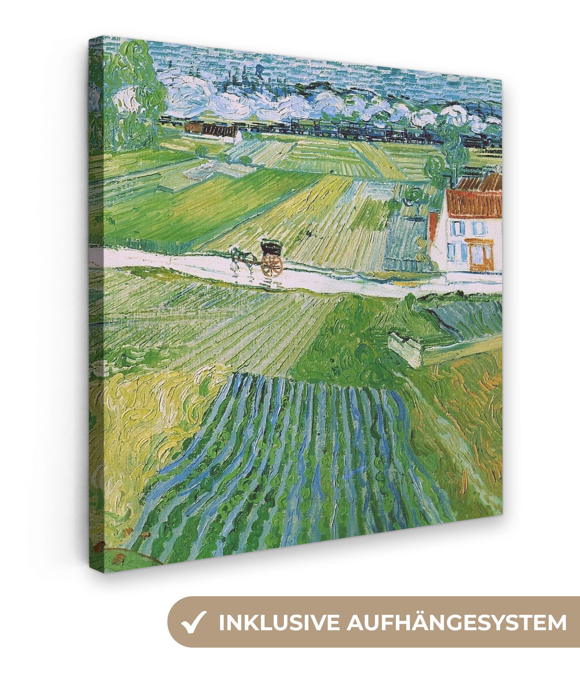 OneMillionCanvasses® Leinwandbild Landschaft mit Kutsche und Zug - Vincent van Gogh, Fotodruck (1 St), Wandbild, Deko Schlafzimmer Wohnzimmer Flur 20x20 cm