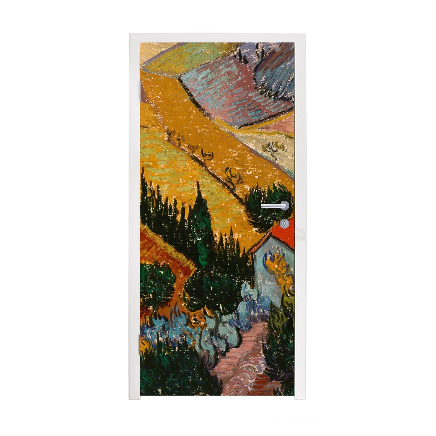 MuchoWow Türtapete Landschaft mit einem Haus und einem Ackerbauern - Vincent van Gogh, Matt, bedruckt, (1 St), Fototapete für Tür, Türaufkleber, 75x205 cm