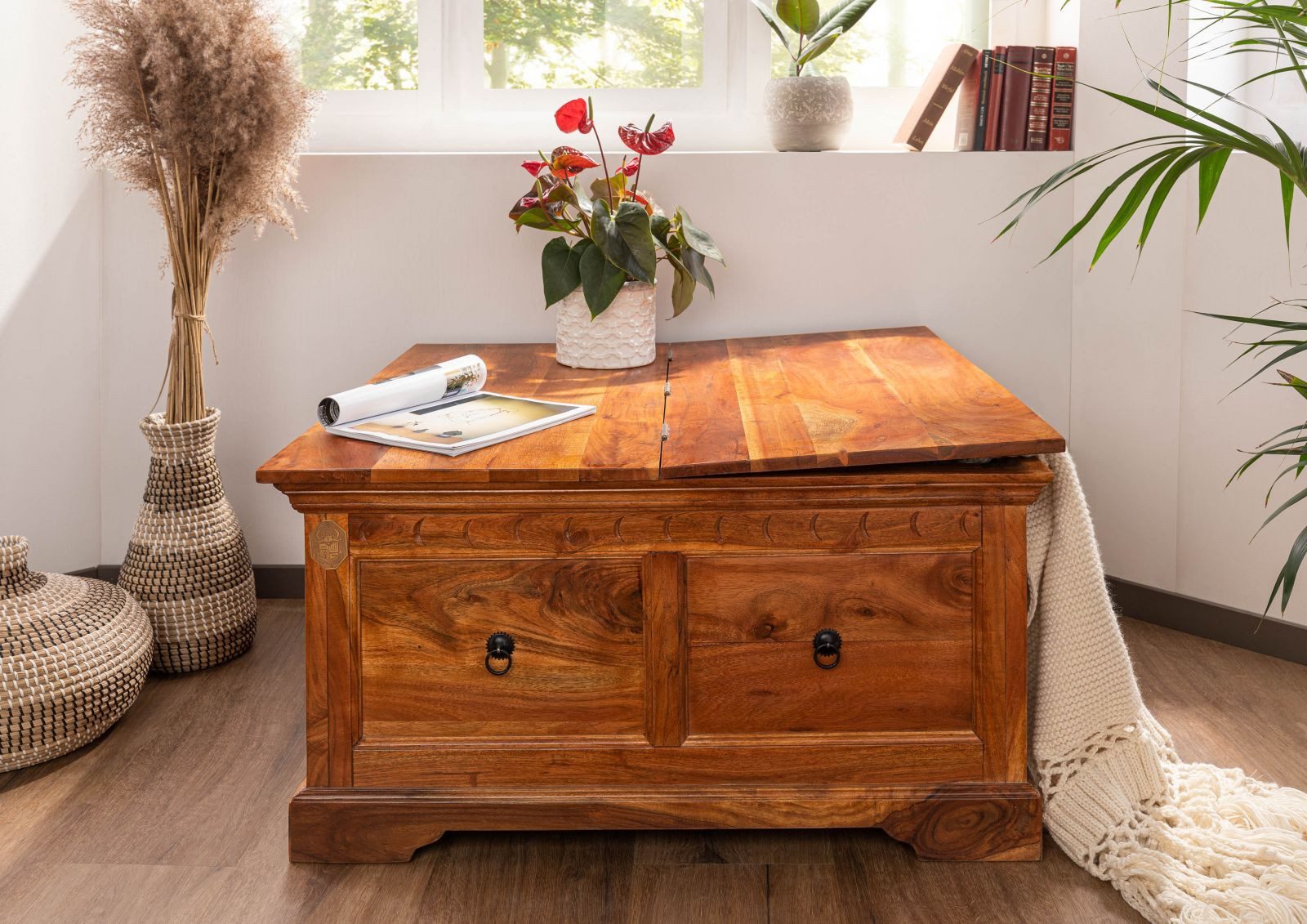 Massivmoebel24 Truhe OXFORD (1 St., Truhe Akazie 90x90x45 honig lackiert OXFORD #0416), Truhe Akazie 90x90x45 honig lackiert OXFORD #0416