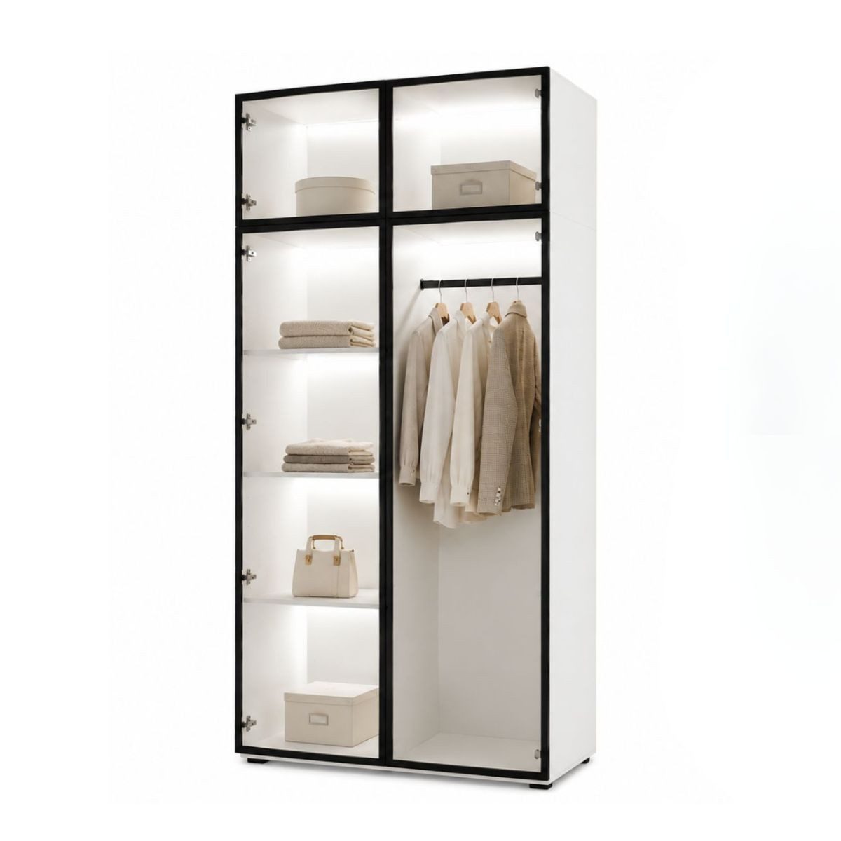 Compleo Kleiderschrank 100 cm breit, Garderobenschrank mit Glasfront und LED-Beleuchtung