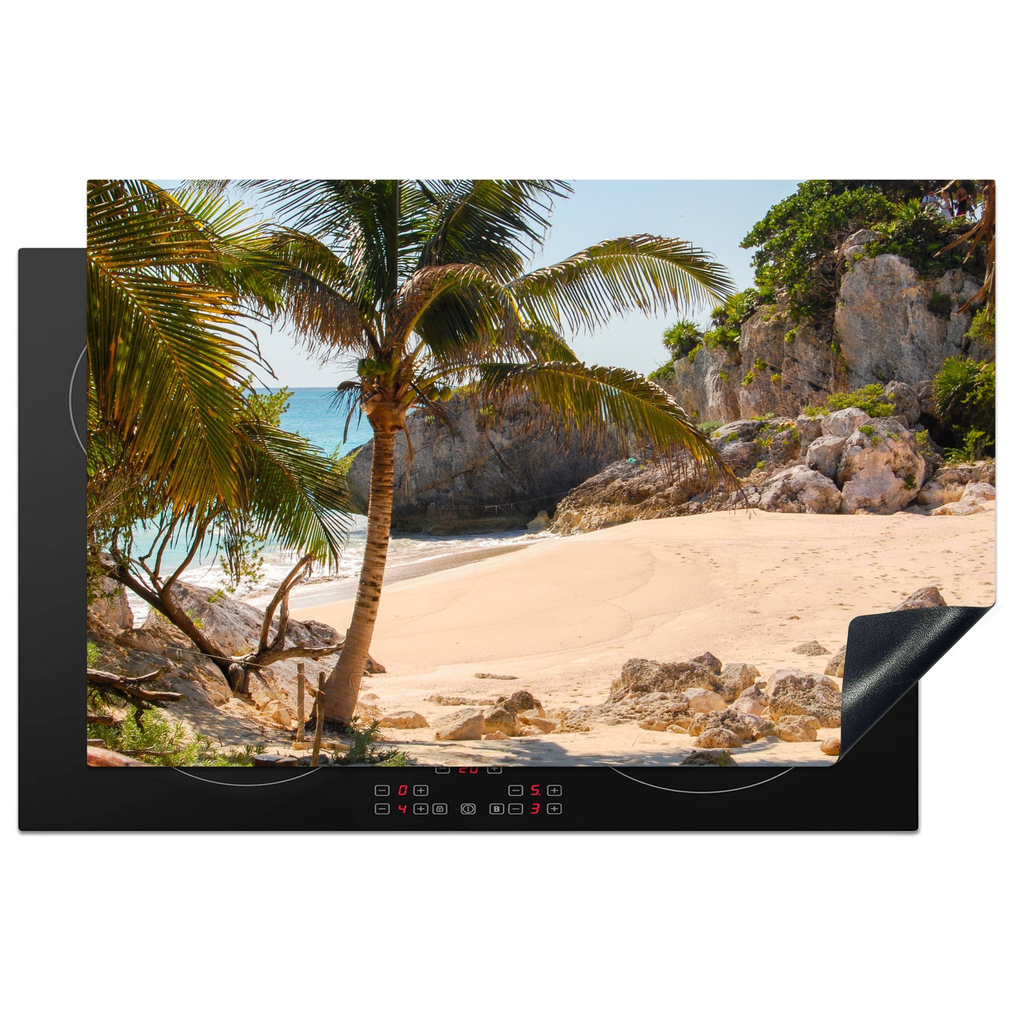 MuchoWow Herdblende-/Abdeckplatte Tropischer Strand an der Riviera Maya bei Tulum in Mexiko, Vinyl, (1 tlg), 81x52 cm, Induktionskochfeld Schutz für die küche, Ceranfeldabdeckung