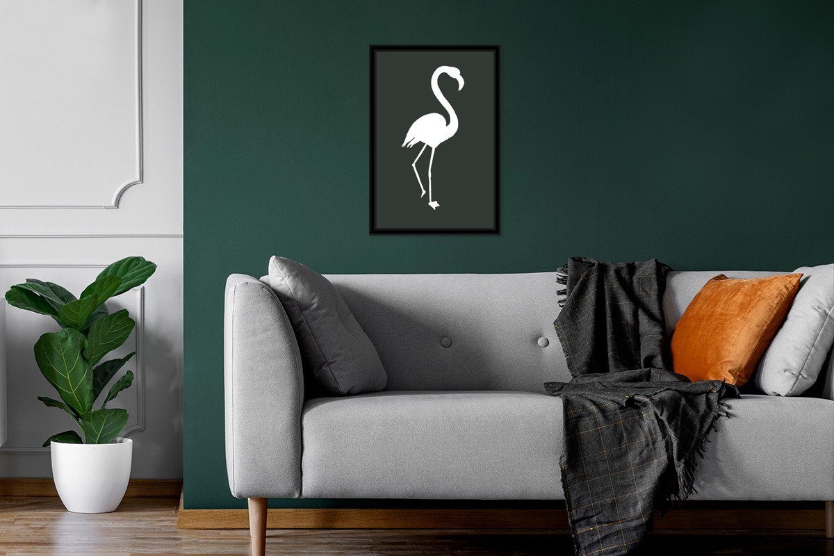- Scherenschnitt Gerahmtes - Poster, Bilderrahmen Flamingo MuchoWow Poster Schwarzem Weiß, Bilder, Wandposter, Wanddeko, (1 St),