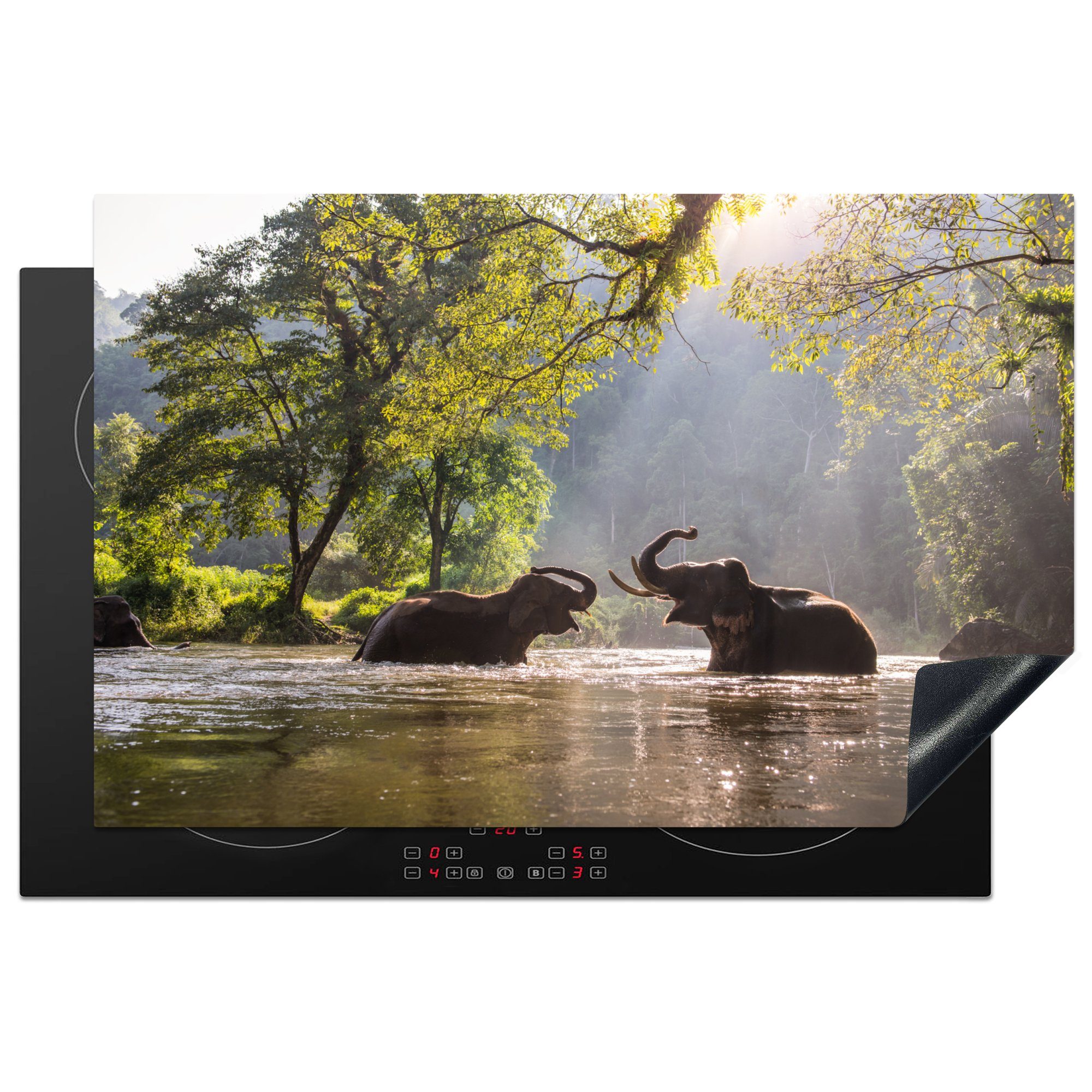 MuchoWow Herdblende-/Abdeckplatte Elefanten im Fluss in Thailand, Vinyl, (1 tlg), 81x52 cm, Induktionskochfeld Schutz für die küche, Ceranfeldabdeckung