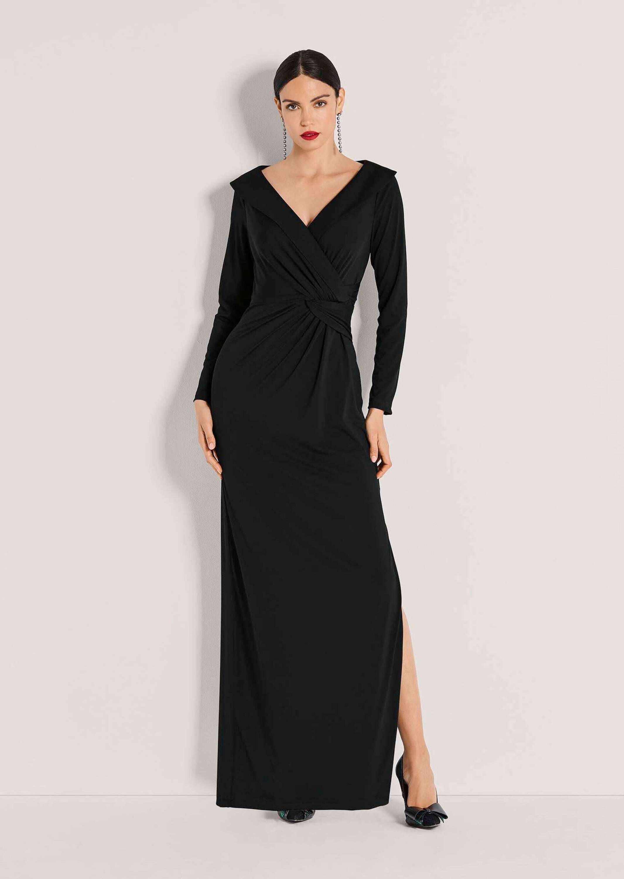 MADELEINE Maxikleid Elegantes Stretchkleid in Wickel-Optik Maxikleid mit V-Ausschnitt, Knöchellänge, Schlitz und Langarm