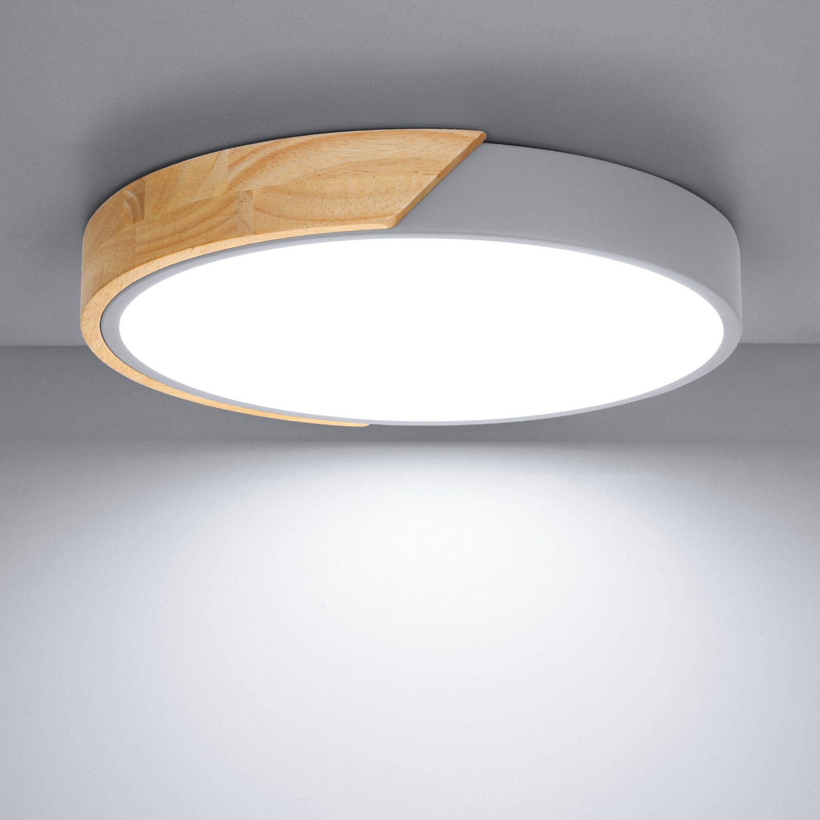 Kimjo Deckenleuchte runde LED-Deckenlampe, Ø30cm ultradünn für alle Wohnräume, LED fest integriert, kaltweiß, LED-Panel mit Holzoptik & grauem Rahmen, 24 W, 6000 K