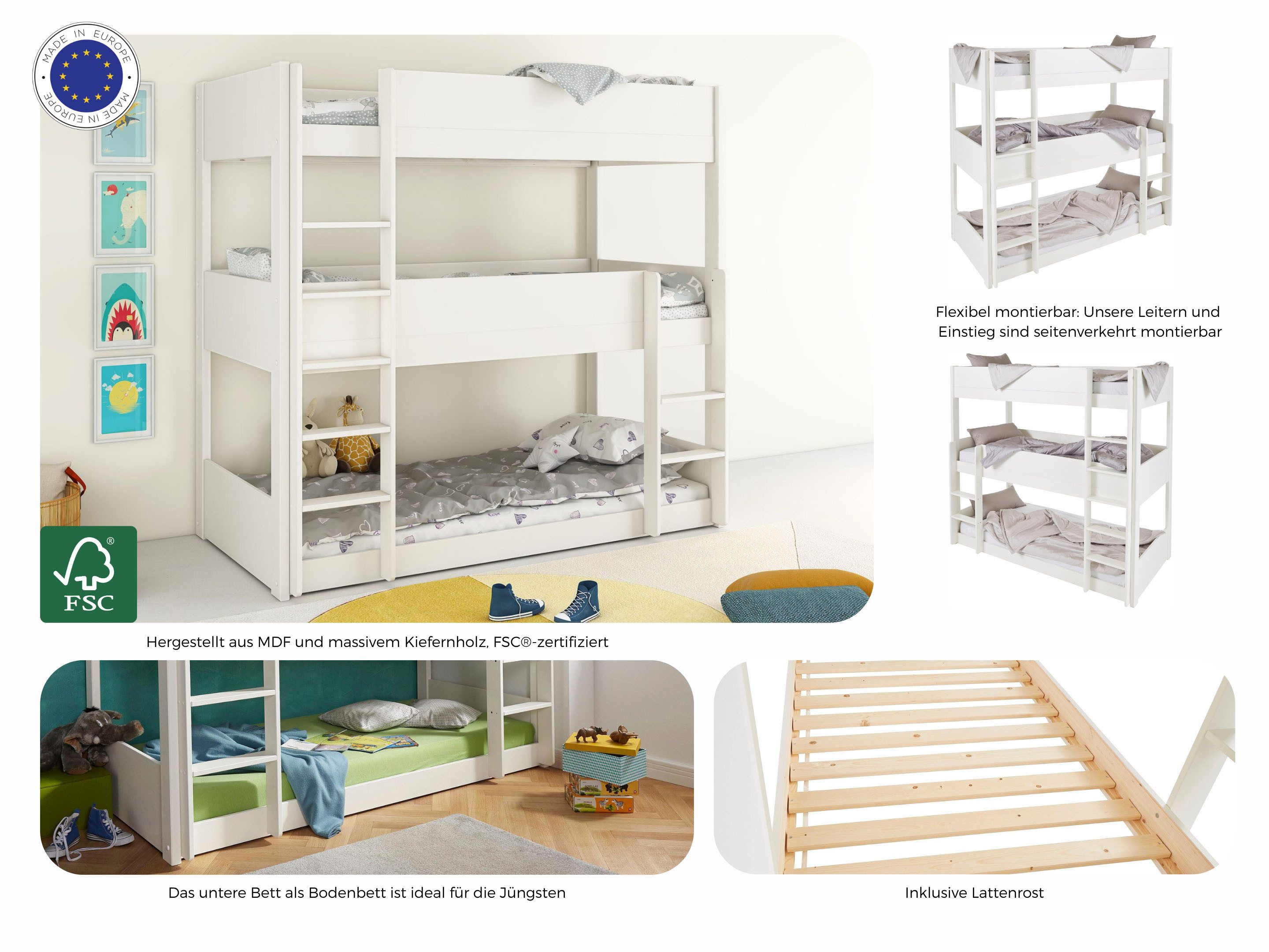OTTO home Etagenbett TIPO, Stockbett, Hochbett, Bodenbett, platzsparend (Leitern beidseitig montierbar), mit 3 Schlafplätzen, FSC® zertifiziertes Massivholz (Kiefer)