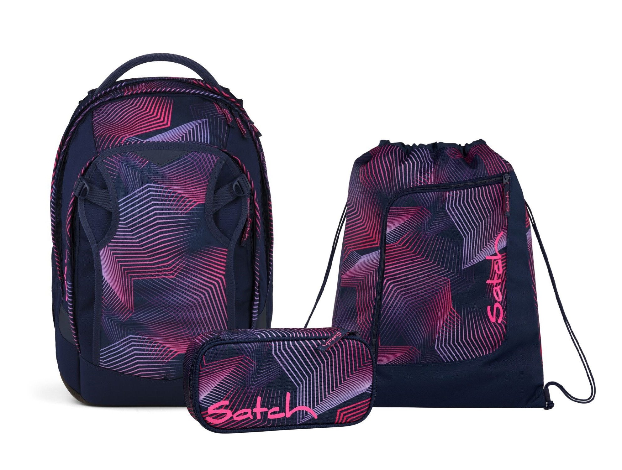 Satch Schulranzen Schulrucksack-Set MATCH PLUS Seismic Pink 3-teilig (3-teilig), Schulranzen, ergonomisch, 30 + 5 Liter, 4 Fächer