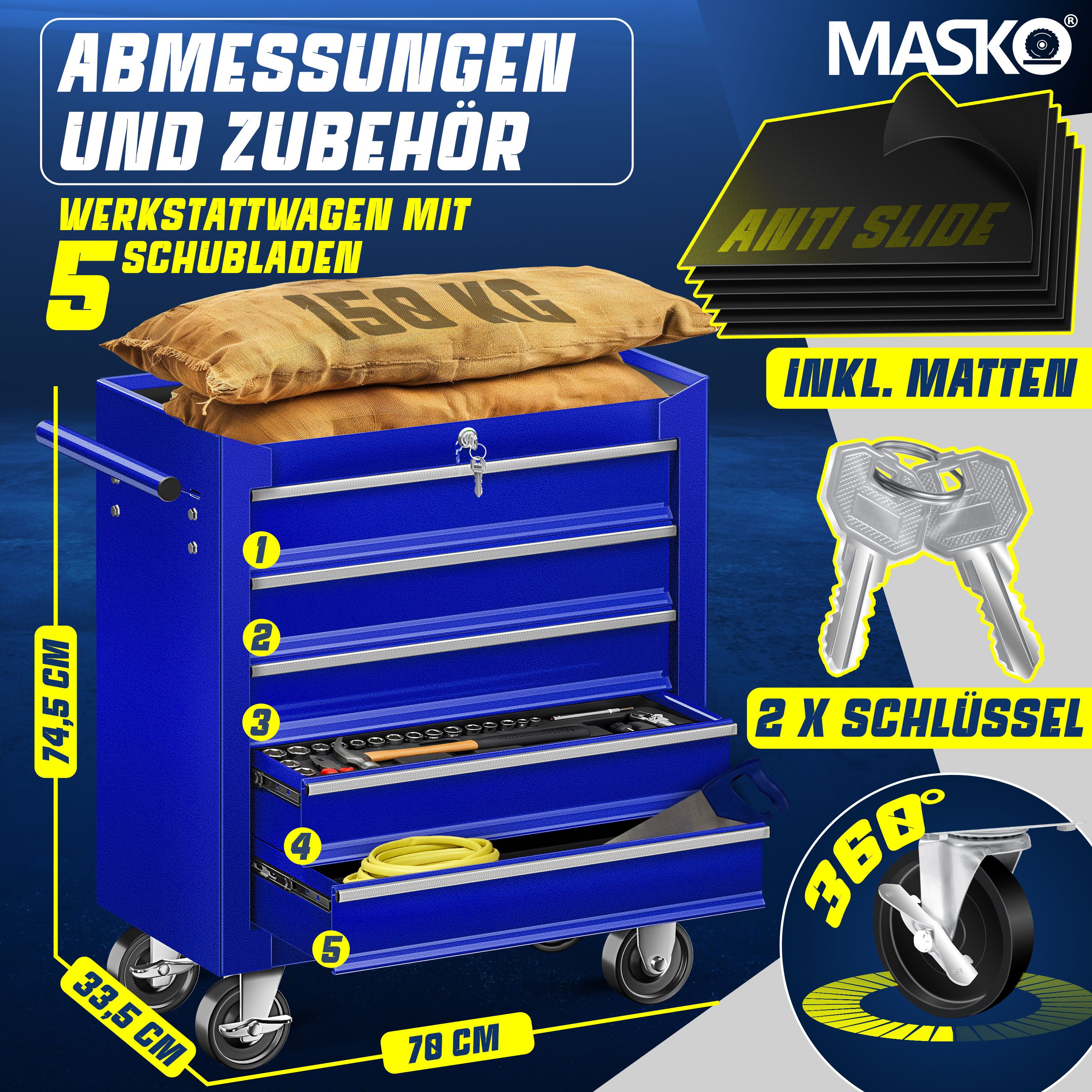 MASKO Werkstattwagen, 5 Fächer Blau, Werkzeugwagen günstig online kaufen