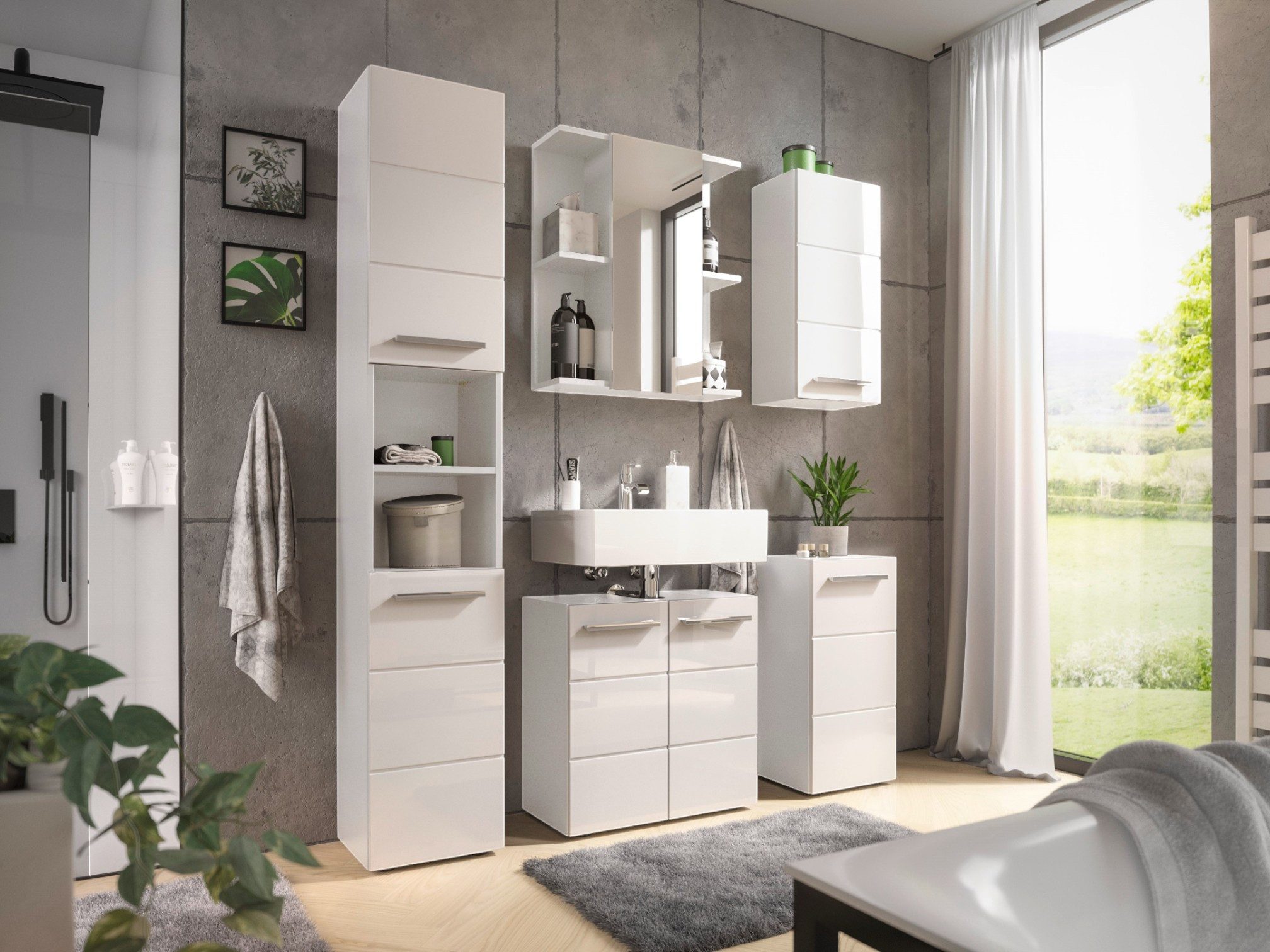 moebel-dich-auf Badmöbel-Set MANDY, (Set 1, 5-St., Hochschrank, Spiegelschrank, Wbu, Hängeschrank, Kommode), Fronten in weiß Hochglanz