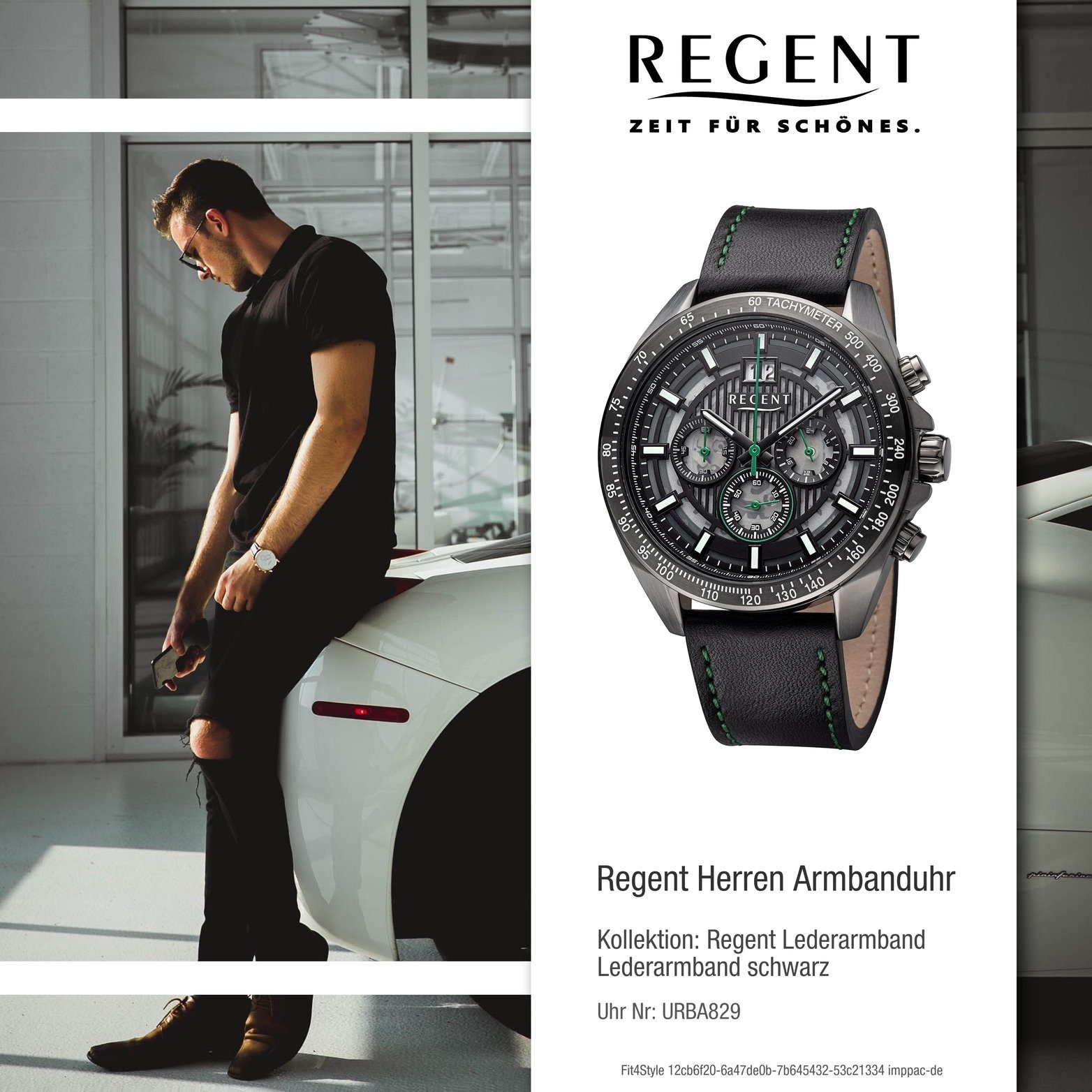 Regent (ca. Regent groß Armbanduhr rundes 46mm) Quarzuhr Gehäuse, grün, schwarz, Analog, Herren Lederarmband Herrenuhr