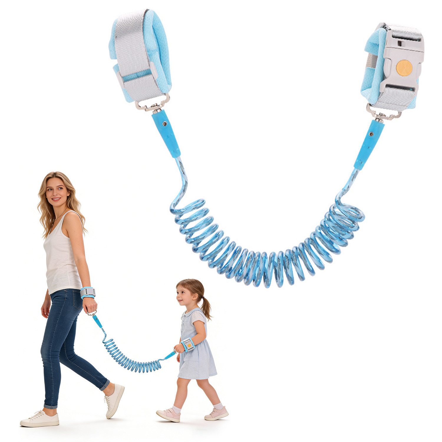 HEYHIPPO Führleine Kinder Sicherheitsleine 2m mit Schloss & Reflektor Blau/Pink, (Kinderleine mit Sicherheitsgurt –für Menschenmengen & Ausflüge), Anti-Verlust Leine – elastisches Stahlseil, für Spaziergänge & Reisen