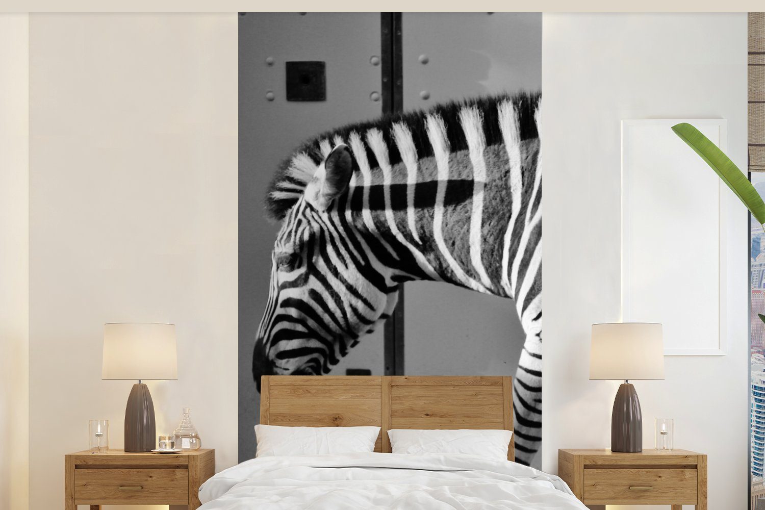 MuchoWow Fototapete Zebra - Wand - Tür - Tiere - Schwarz und weiß, Matt, bedruckt, (2 St), Vliestapete für Wohnzimmer Schlafzimmer Küche, Fototapete