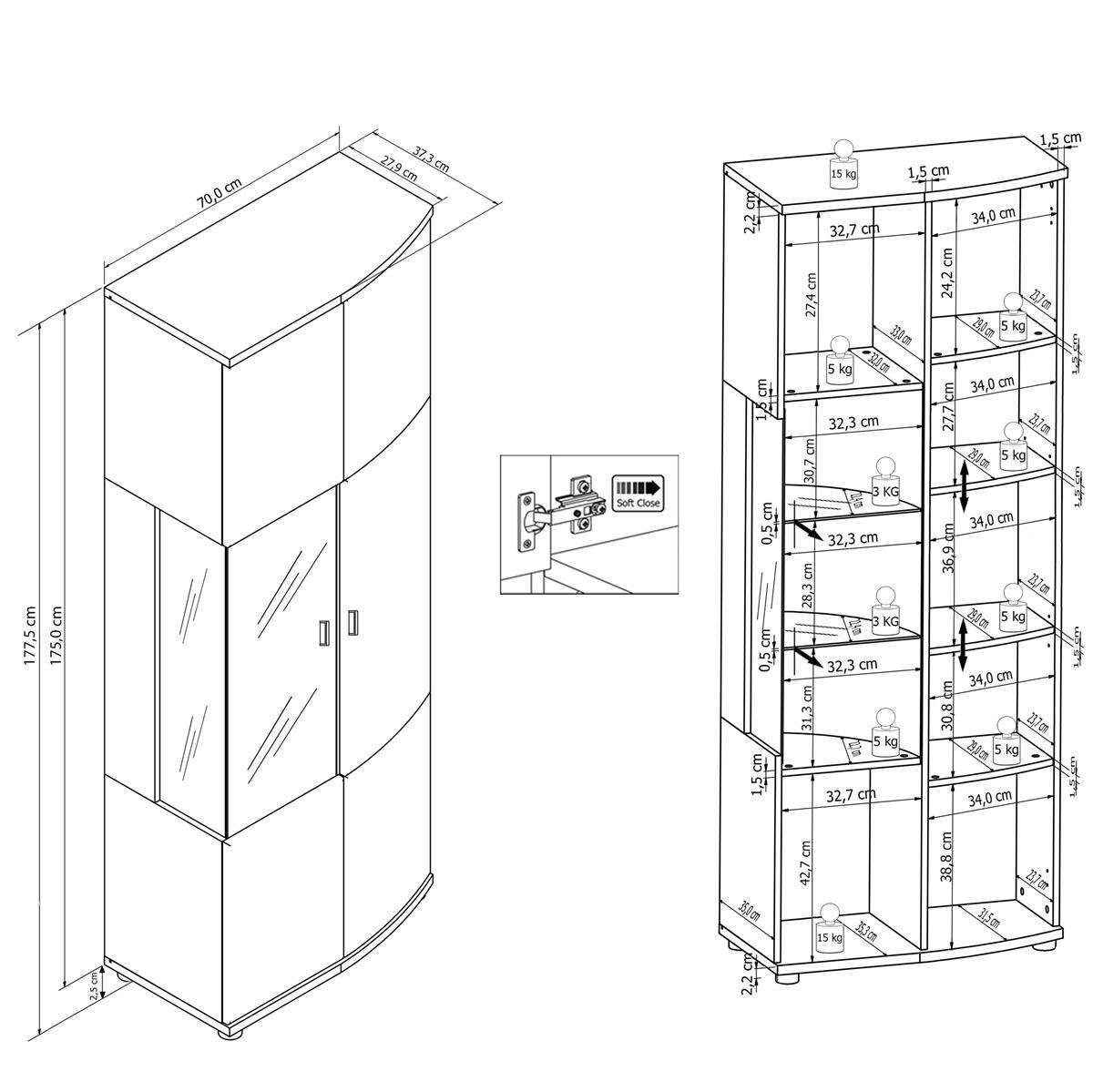 Vitrine, mit Moderne cm aus cm, Vitrine Front 2 Hochglanz-Weiß/Grandson-Eiche, Tiefe in möbelando Türen MDF in 70 melaminharzbeschichteter cm, Weiß/Grandson-Eiche, und 37,3 Spanplatte Einlegeböden, Sinus Breite aus Höhe Korpus 177,5 8