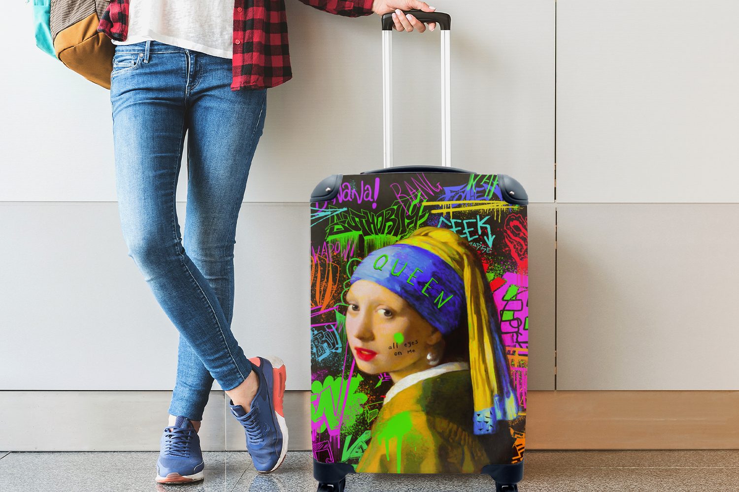 MuchoWow Handgepäckkoffer Das Mädchen mit 4 Reisetasche dem Johannes Vermeer Perlenohrring Reisekoffer Rollen, für Trolley, Handgepäck Neon, Ferien, - - mit rollen