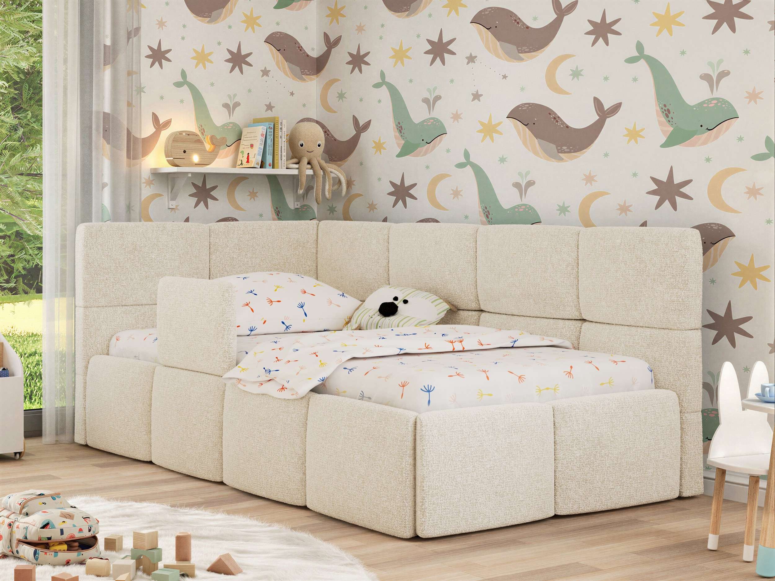 MKS MÖBEL Kinderbett ARVO ALTA (Set, inkl. Lattenrost, Bettkasten, Sicherheitsbarriere & Kopfteil), Eckbett mit Stauraum, Rausfallschutz & Gasdruckfedern