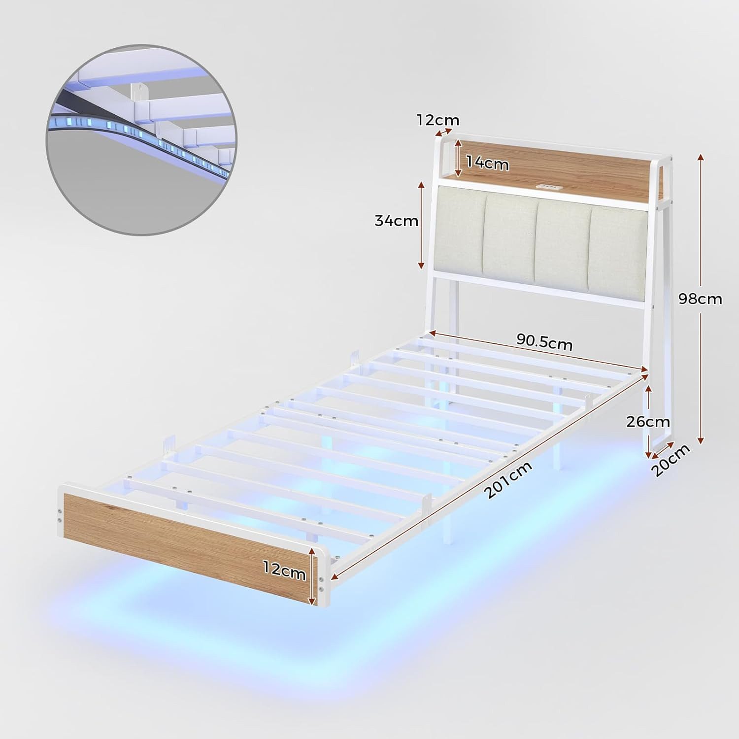 KIMENICH Polsterbett mit USB Ladefunktion und LED-Beleuchtung, Schwebender visueller Effekt (1-tlg., Ohne Matratze), Jugendbett Bettgestell 90x200cm – Bild 2 von 5