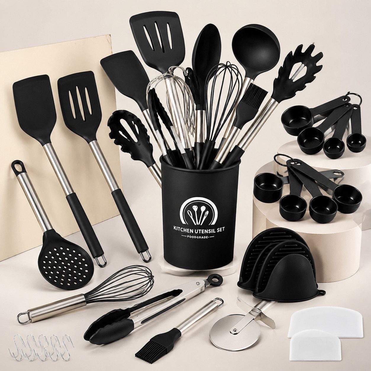 ElitVita Kochbesteck-Set Küchenhelfer Set, 45 tlg. Silikon küchenutensilien Kochbesteck Set (45-tlg., Lebensmittelklammer, Suppenlöffel, Bratspatel, Puderkralle, Spatel), Antihaft,Hitzebeständiger,Spülmaschinenfest Küchenset mit Halter