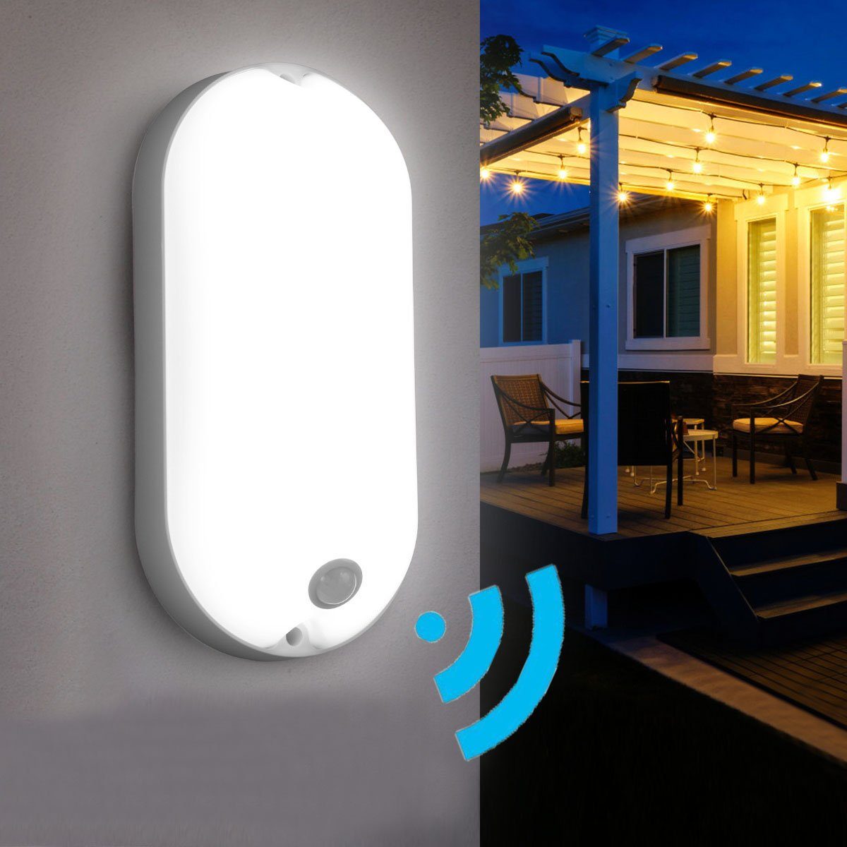 LETGOSPT Außen-Wandleuchte 14W LED Wandlampe Ovalleuchte Feuchtraum Lampe, mit PIR Sensor, LED fest integriert, ‎Kaltweiß, IP65 Wasserdichte Aussen Lampen Badlampe Flurbeleuchtung