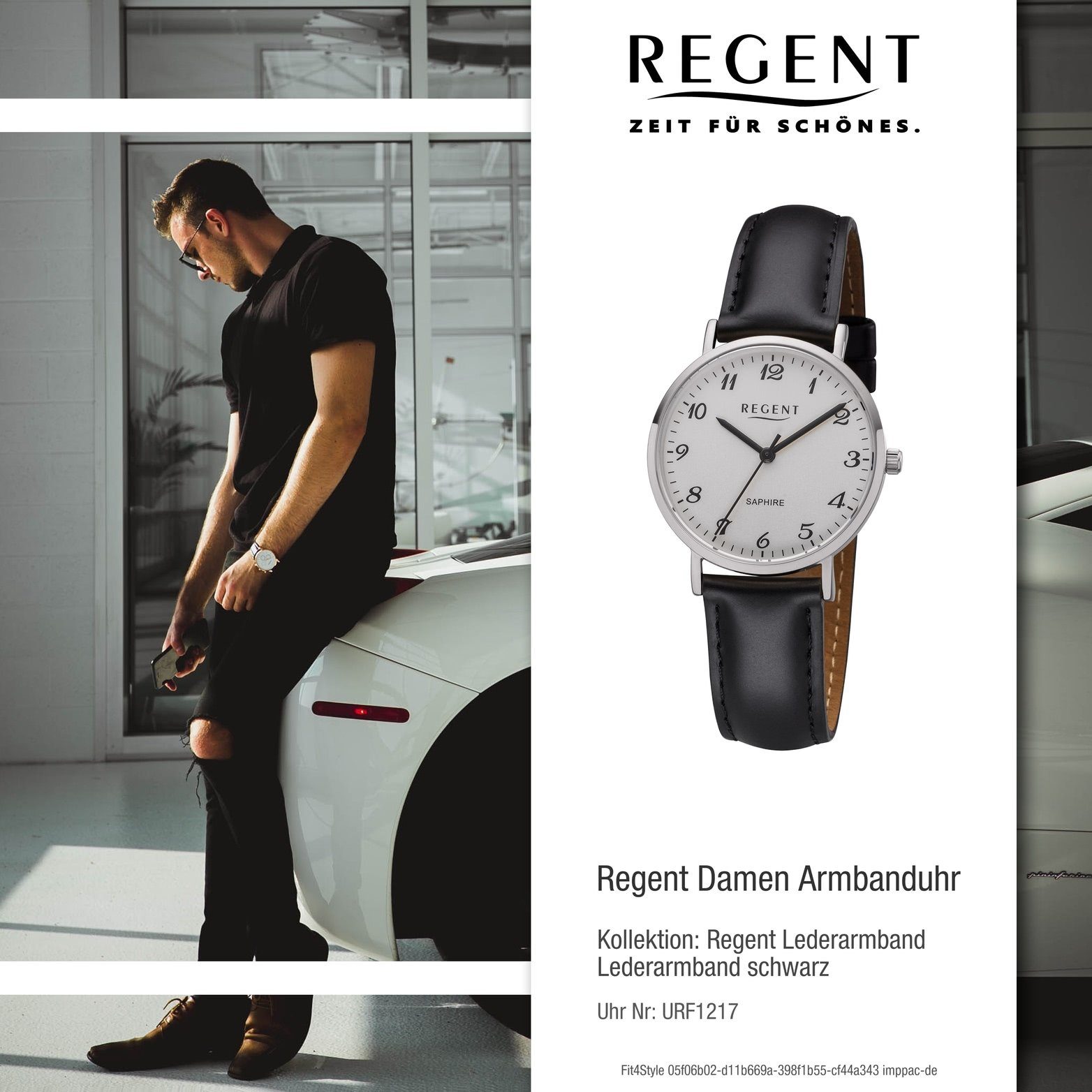 Regent Quarzuhr Regent schwarz, rundes F-1217 Analog, Uhr Damenuhr Damen Gehäuse, Leder Lederarmband 32mm) (ca. mittel