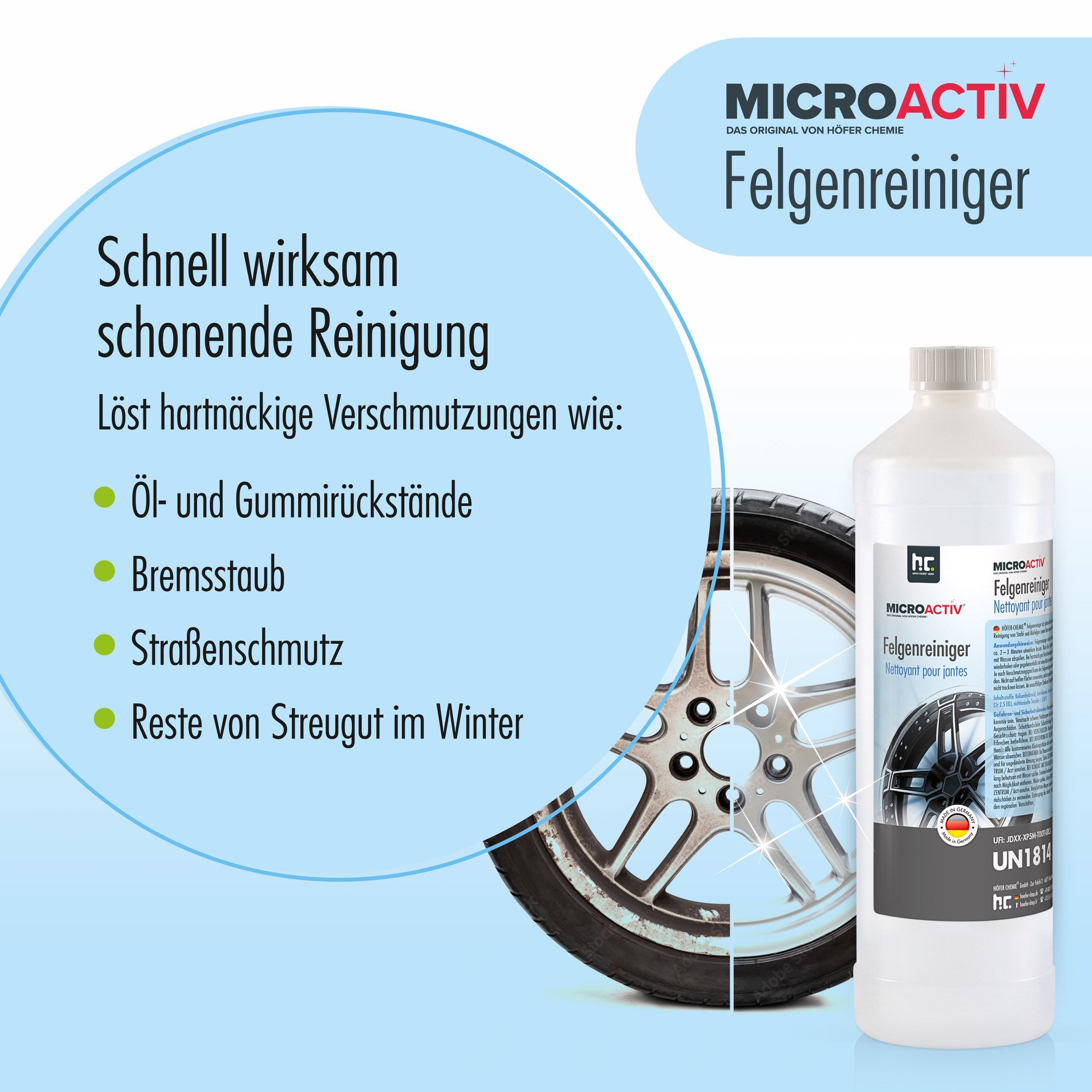 Höfer Chemie GmbH 1 L Microactiv® Felgenreiniger - anwendungsfertig Felgenreiniger (Effektive Reinigung für strahlend saubere Felgen)