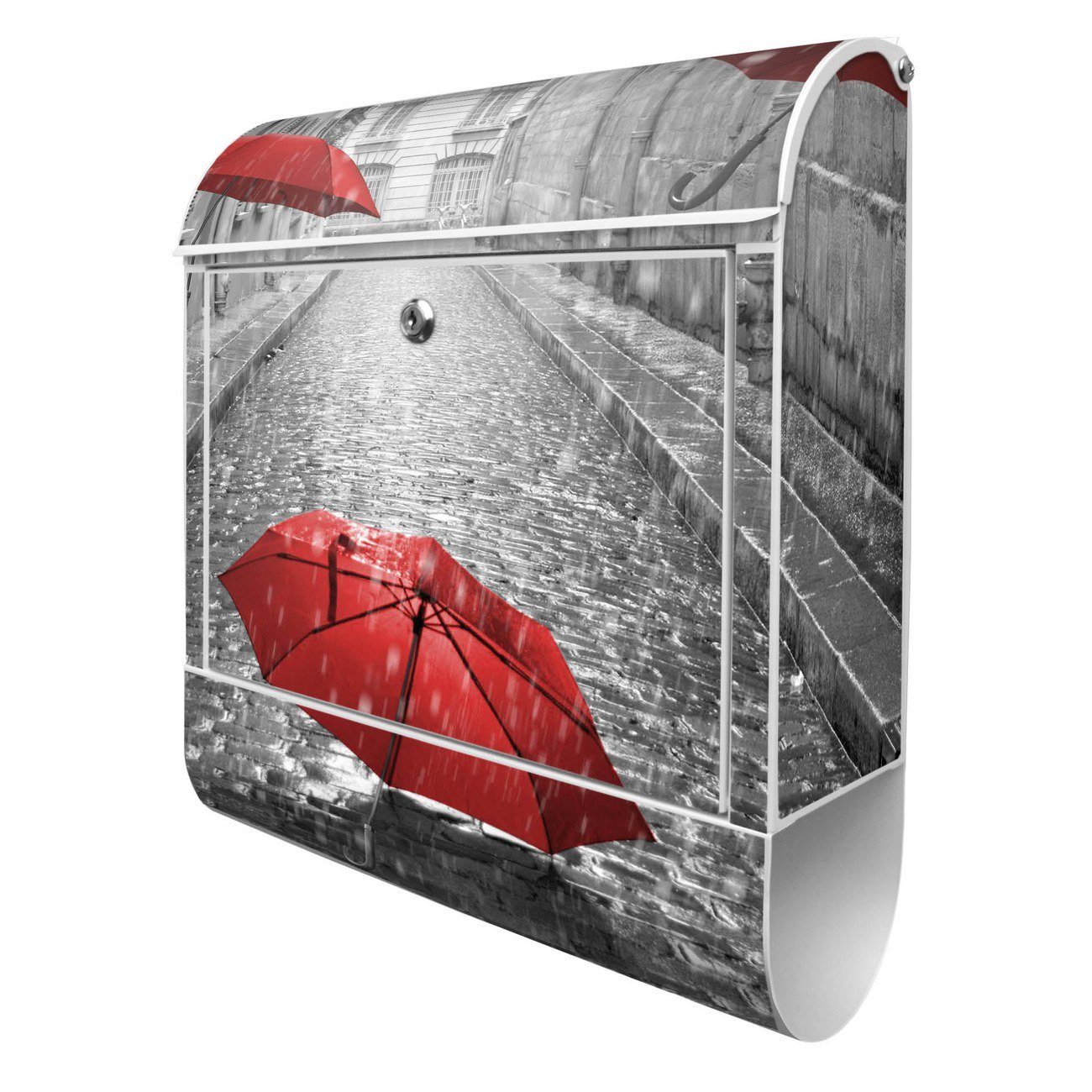 banjado Wandbriefkasten Stahl Rote Schirme (Wandbriefkasten witterungsbeständig, pulverbeschichtet, mit Zeitungsfach), 39 x 47 x 14cm weiß