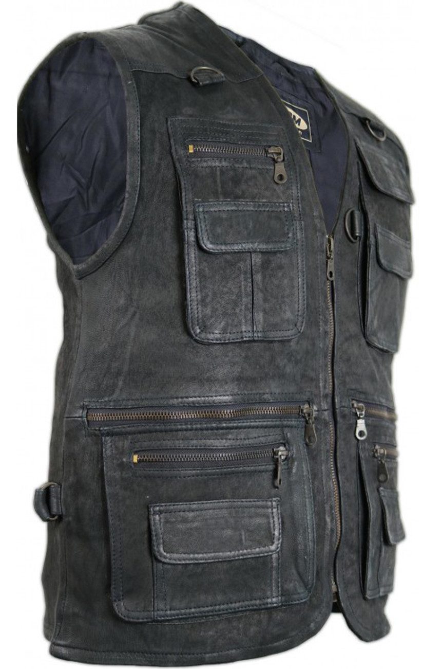 MDM Lederweste Herren Jagd Lederweste Angler Weste in Velour Schwarz günstig online kaufen