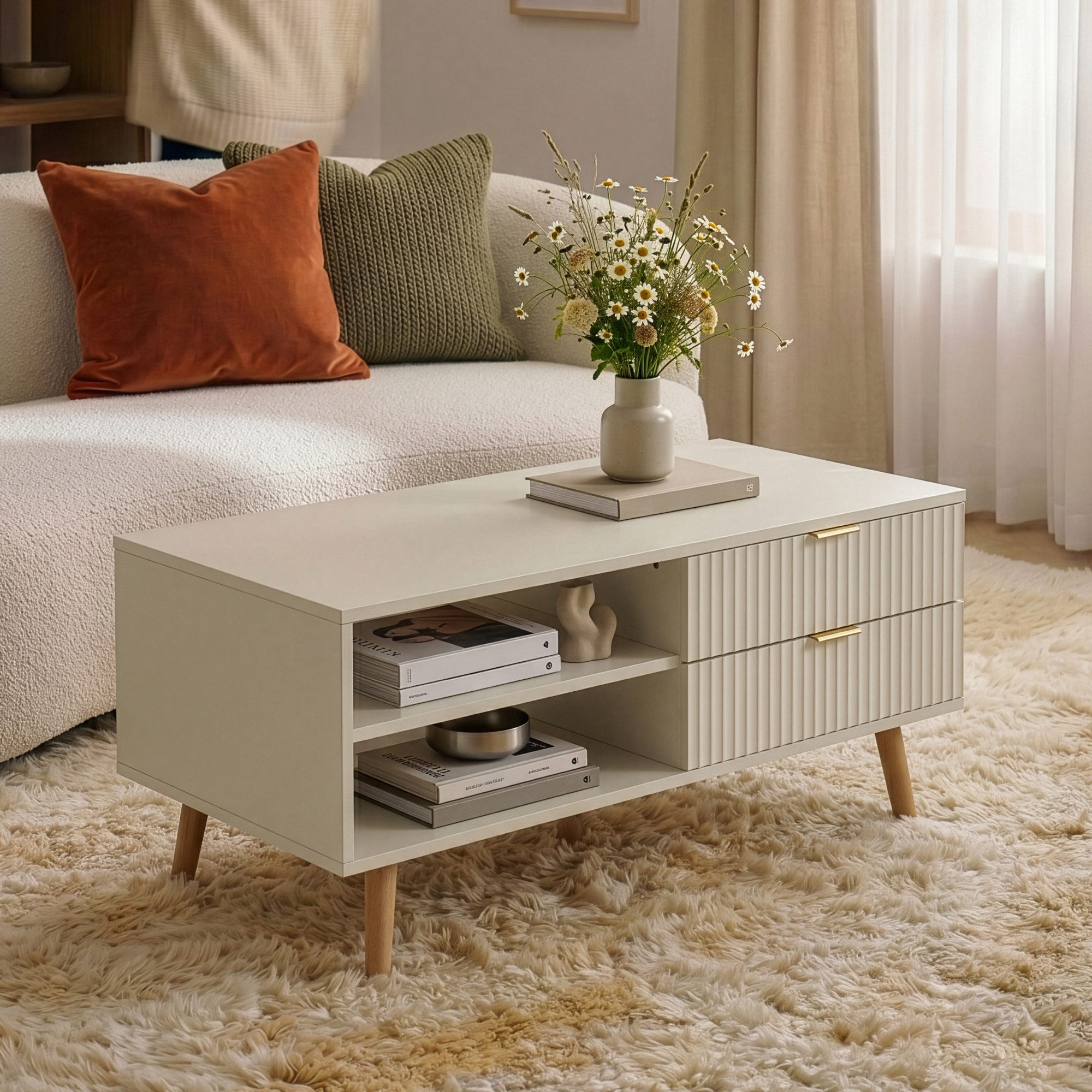 en.casa Couchtisch, »Nand« mit 2 Schubladen 100 x 50 x 45 cm Sandfarben