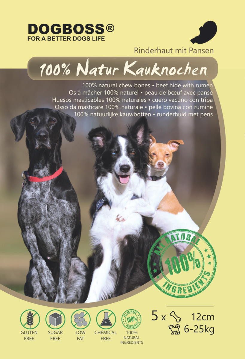 DOGBOSS DOGBOSS 100% Natur gefüllte Kauknochen, hergestellt in EU 5er Set Pansen 12 cm, Snack für: Hunde