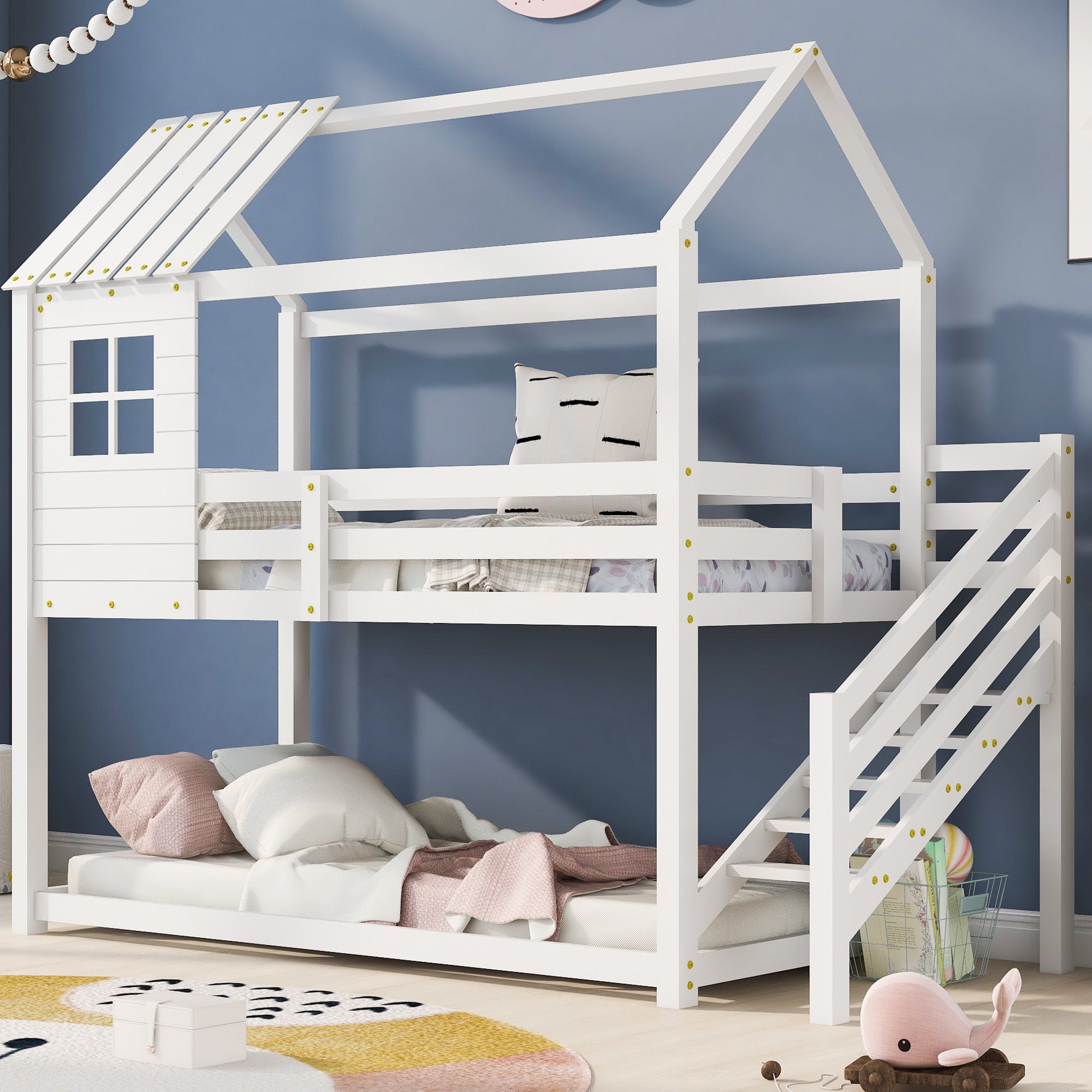 Etagenbett (Hochbett Hausbett Spielbett mit Treppe, Fallschutz und Lattenrost), Kinderbett Stockbett 90x200 cm, Kiefer, Ohne Matratze, Weiß